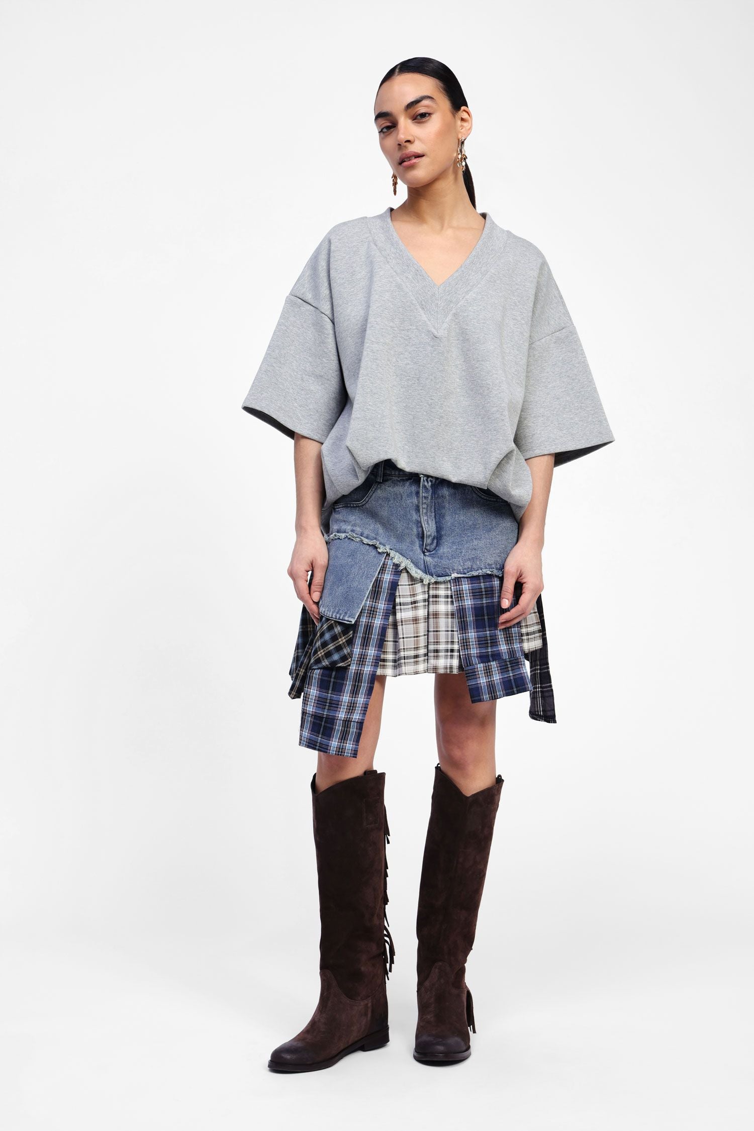 Mini Denim Plaid Skirt - Maska