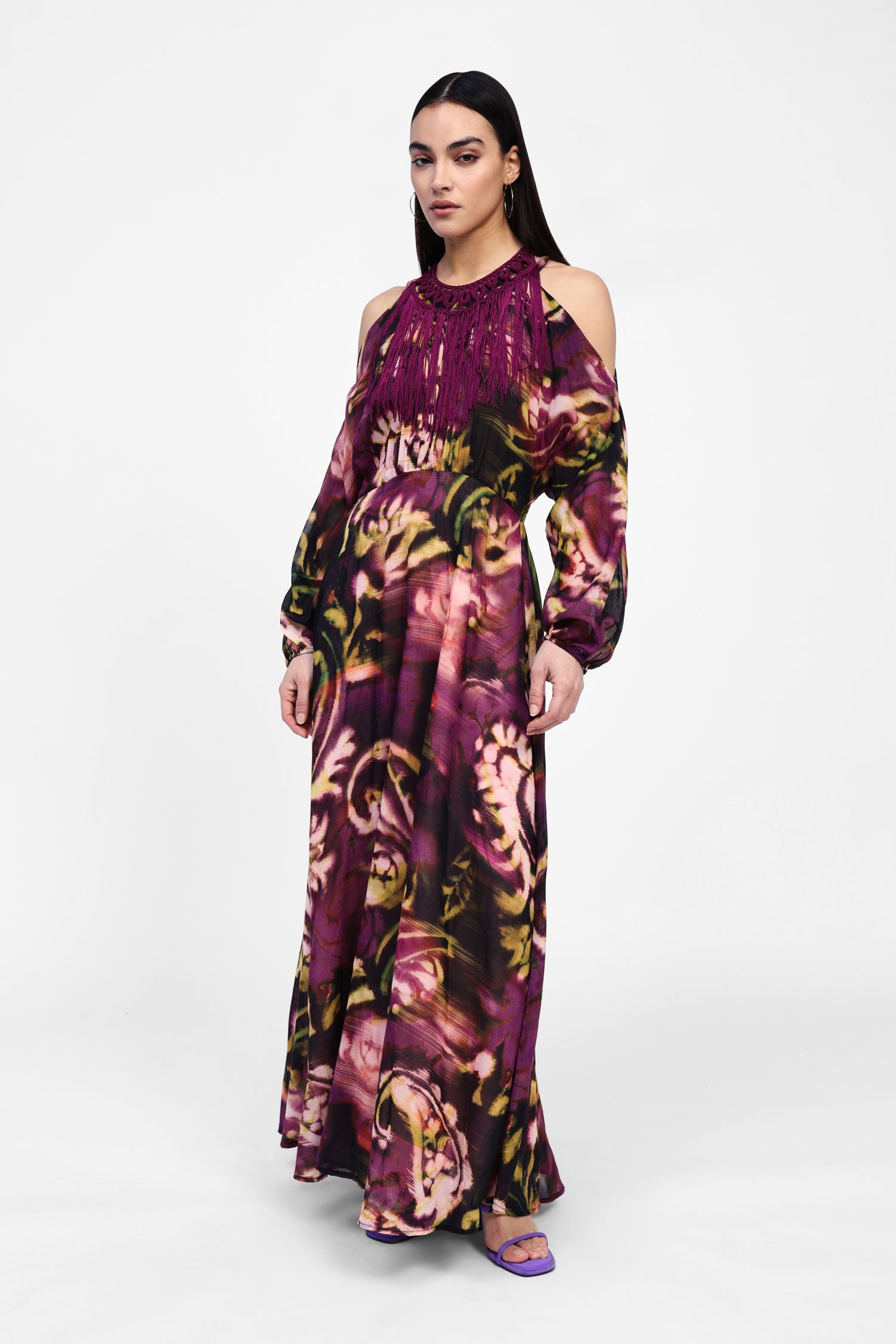 Robe longue imprimée à franges
