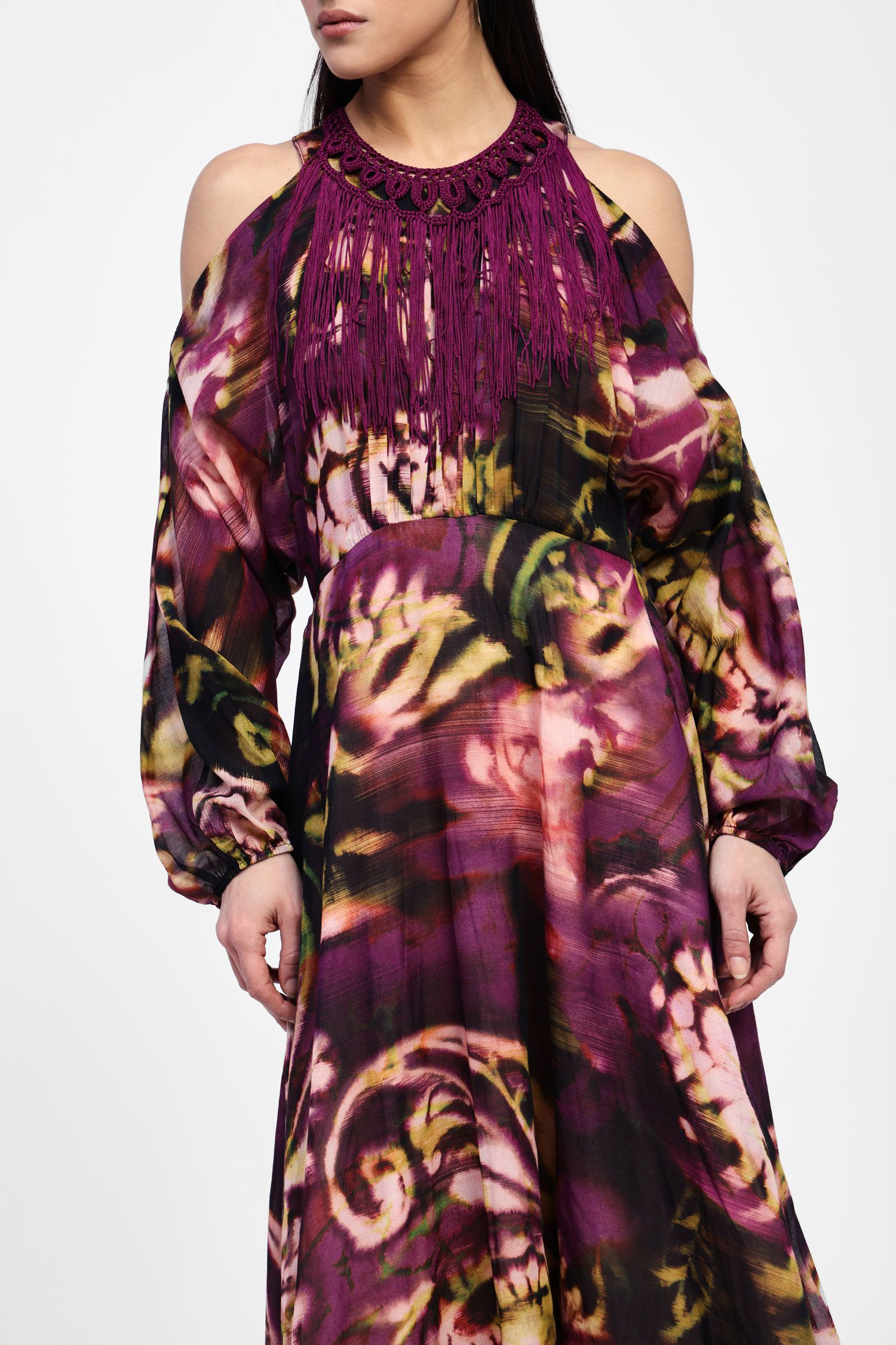 Robe longue imprimée à franges