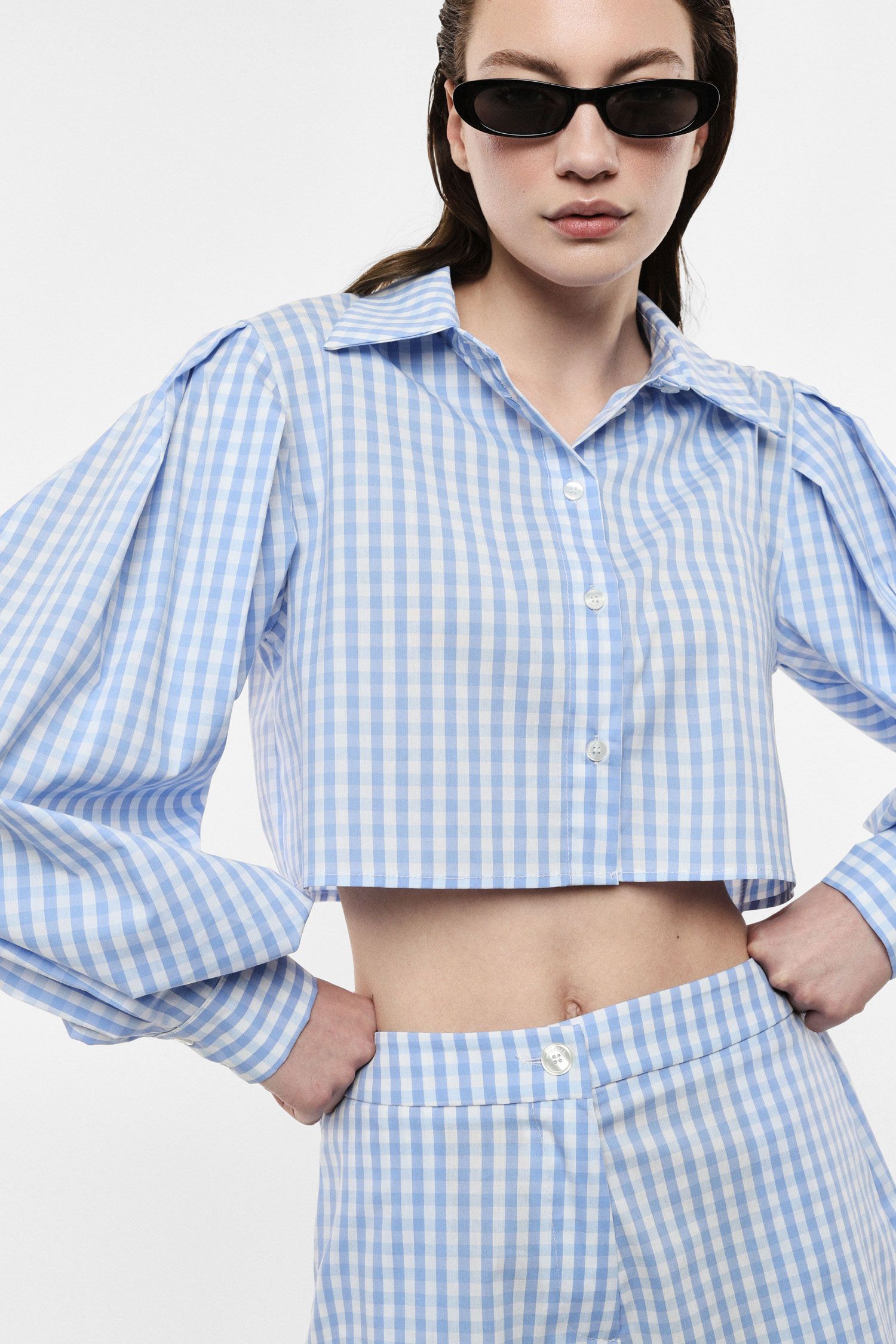 Blue Gingham Cropped Shirt