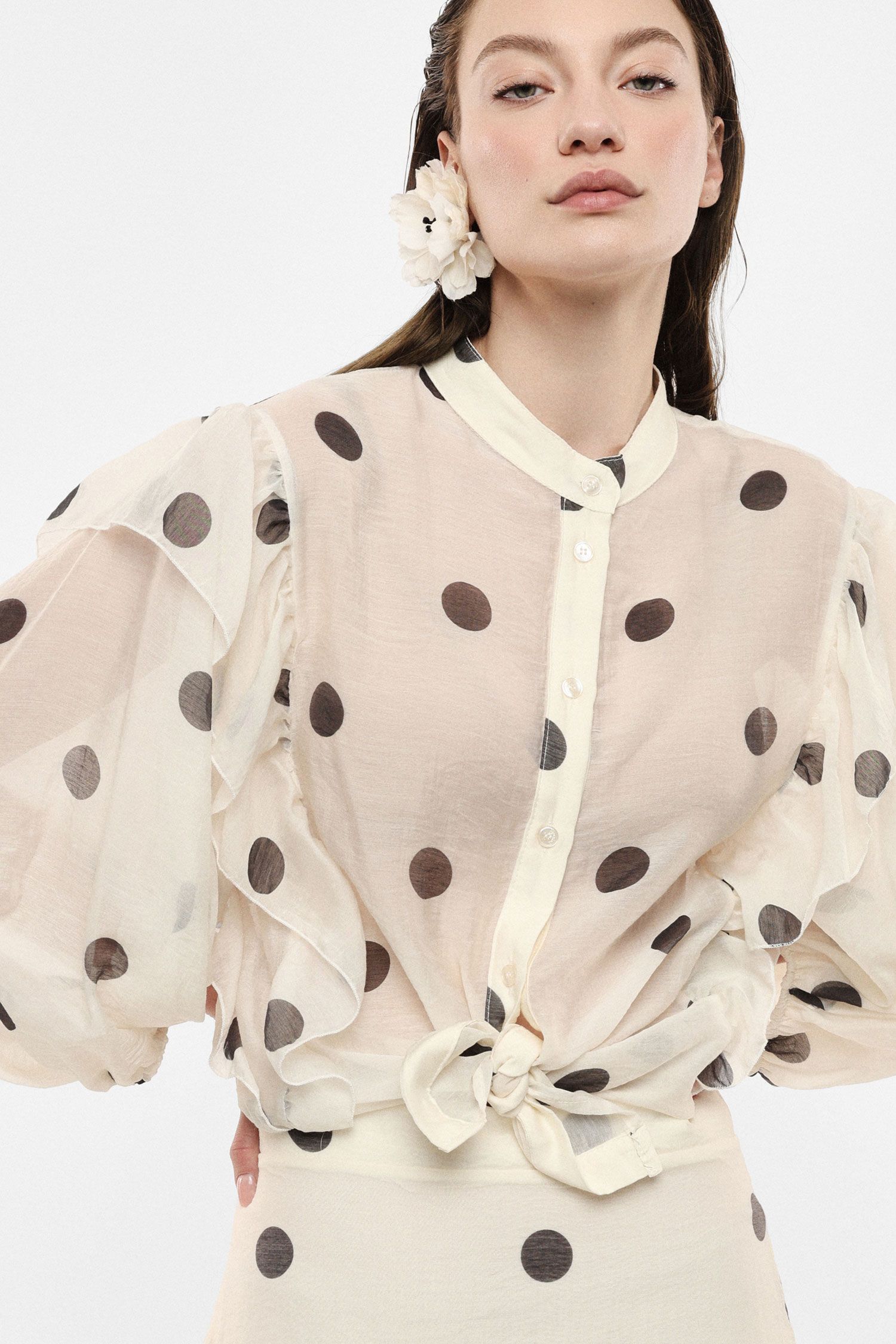 Sheer Polka Dots Ruffle Blouse