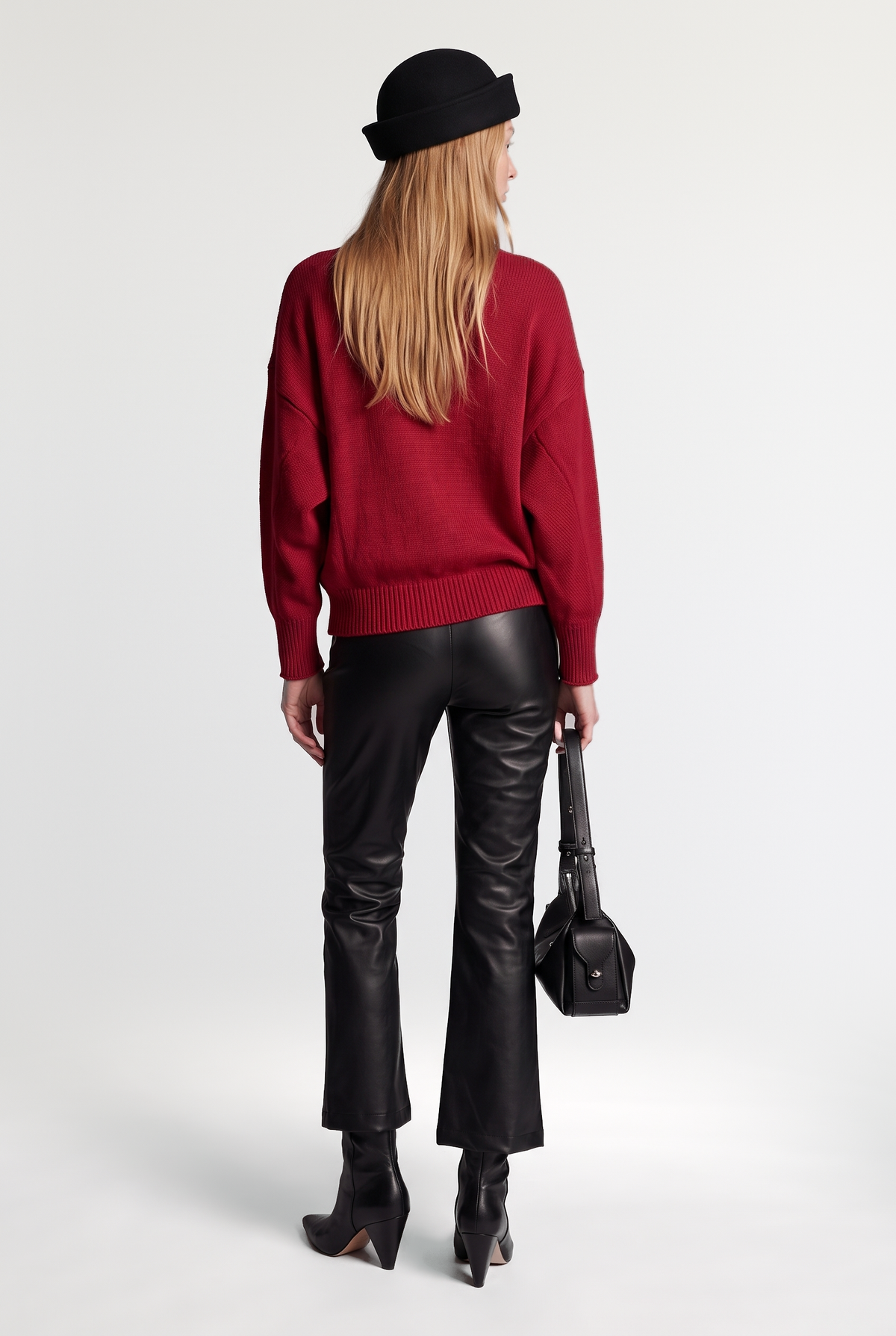 Oversized Mock Neck Knit Sweater - Red - back view