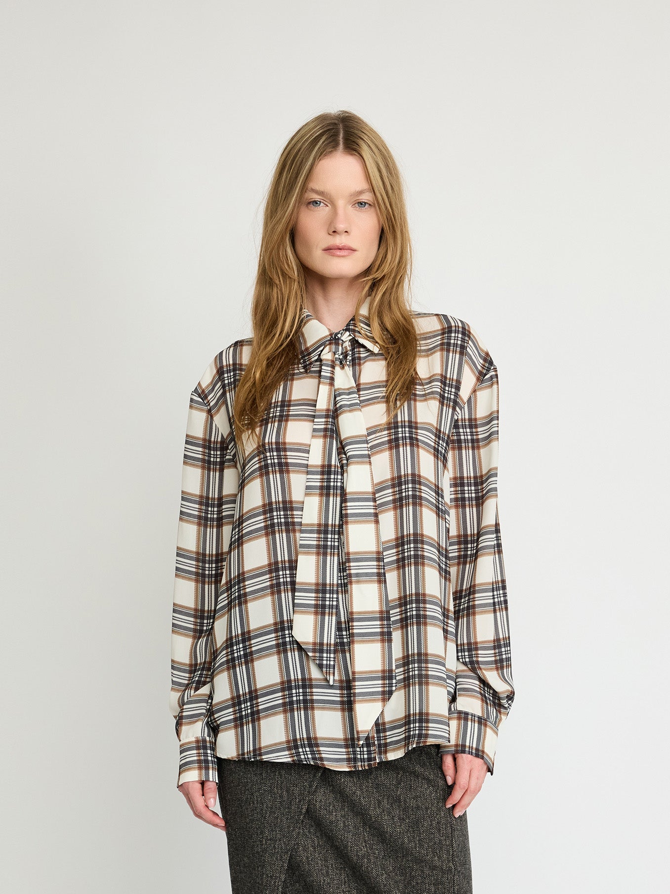Plaid Tie-Neck Blouse