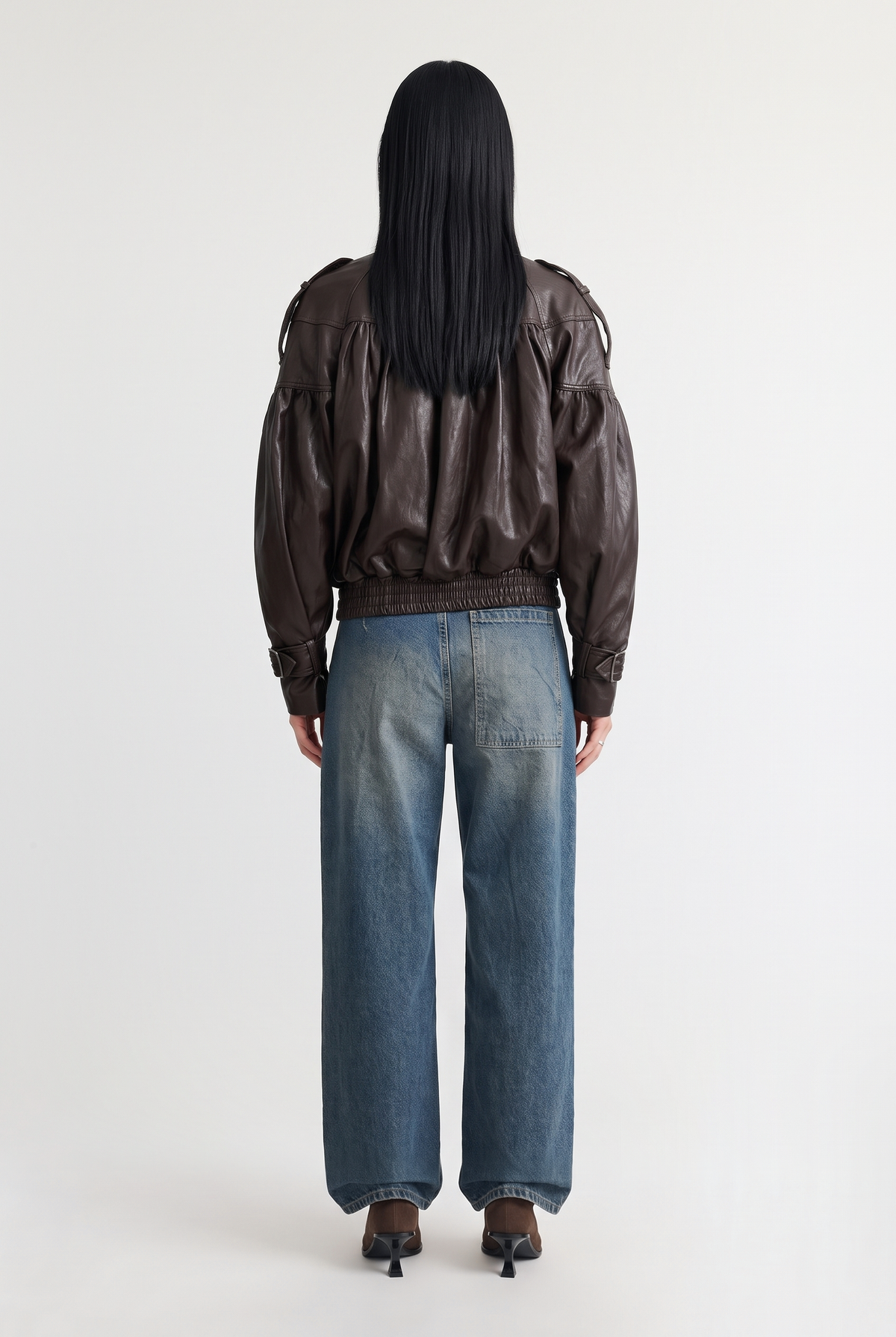 Brown leather puff-sleeve bomber - Brown - back view