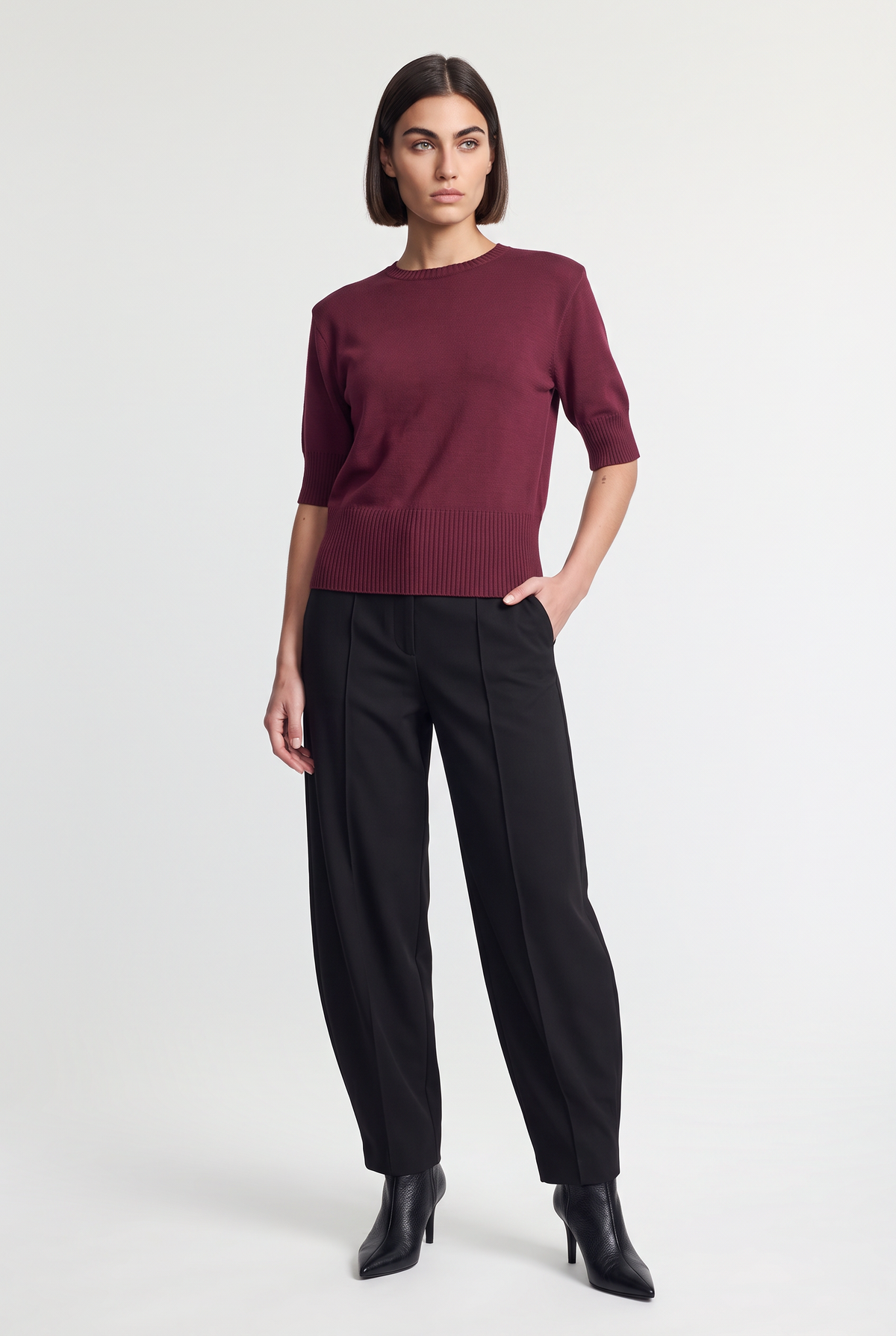 Short-Sleeve Crewneck Knit Sweater - Burgundy - front view