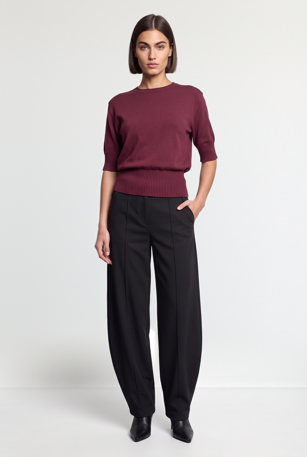 Short-Sleeve Crewneck Knit Sweater - Burgundy - front view, sleeves pushed up