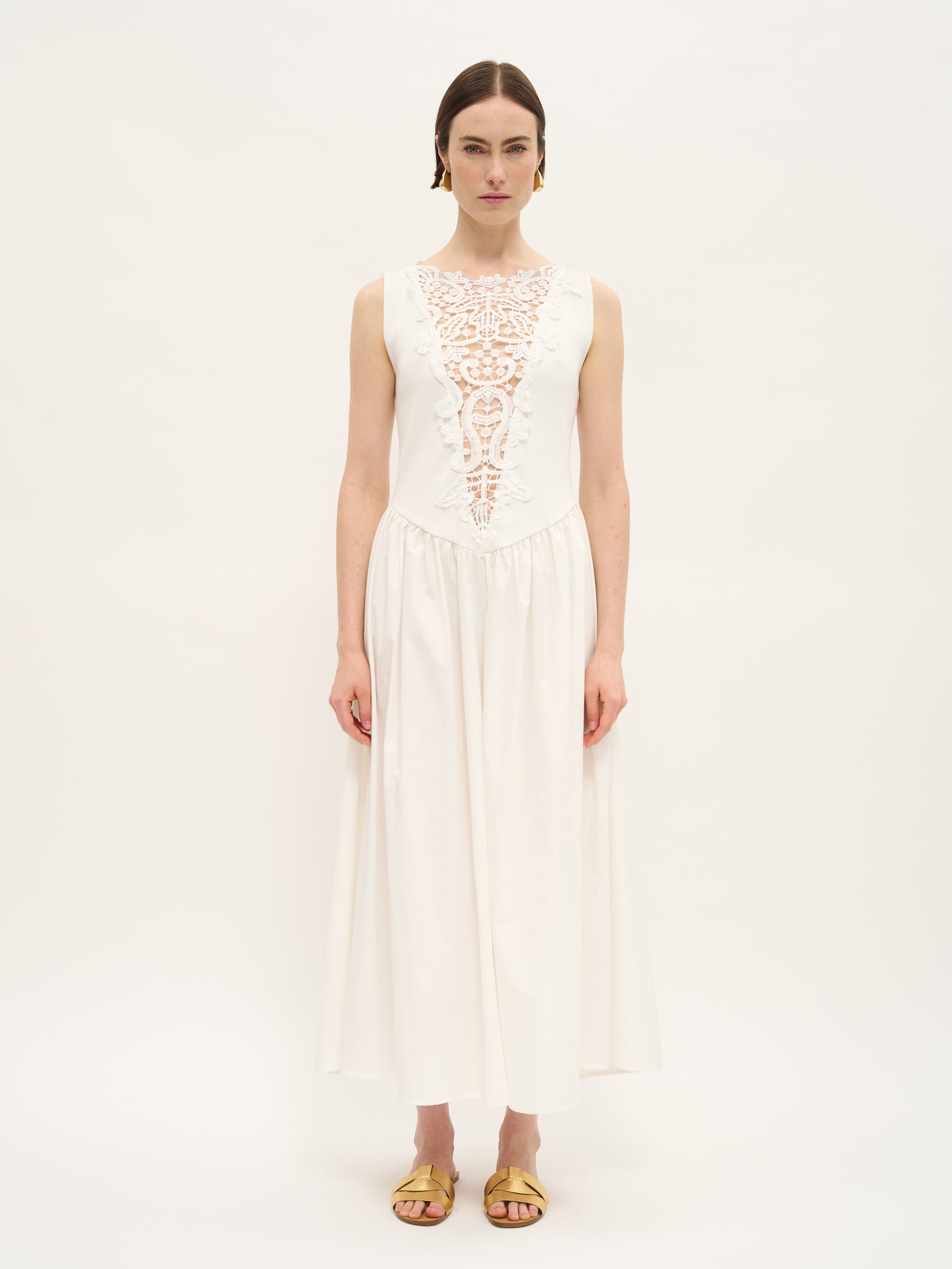 Lace-Front Cotton Midi Dress