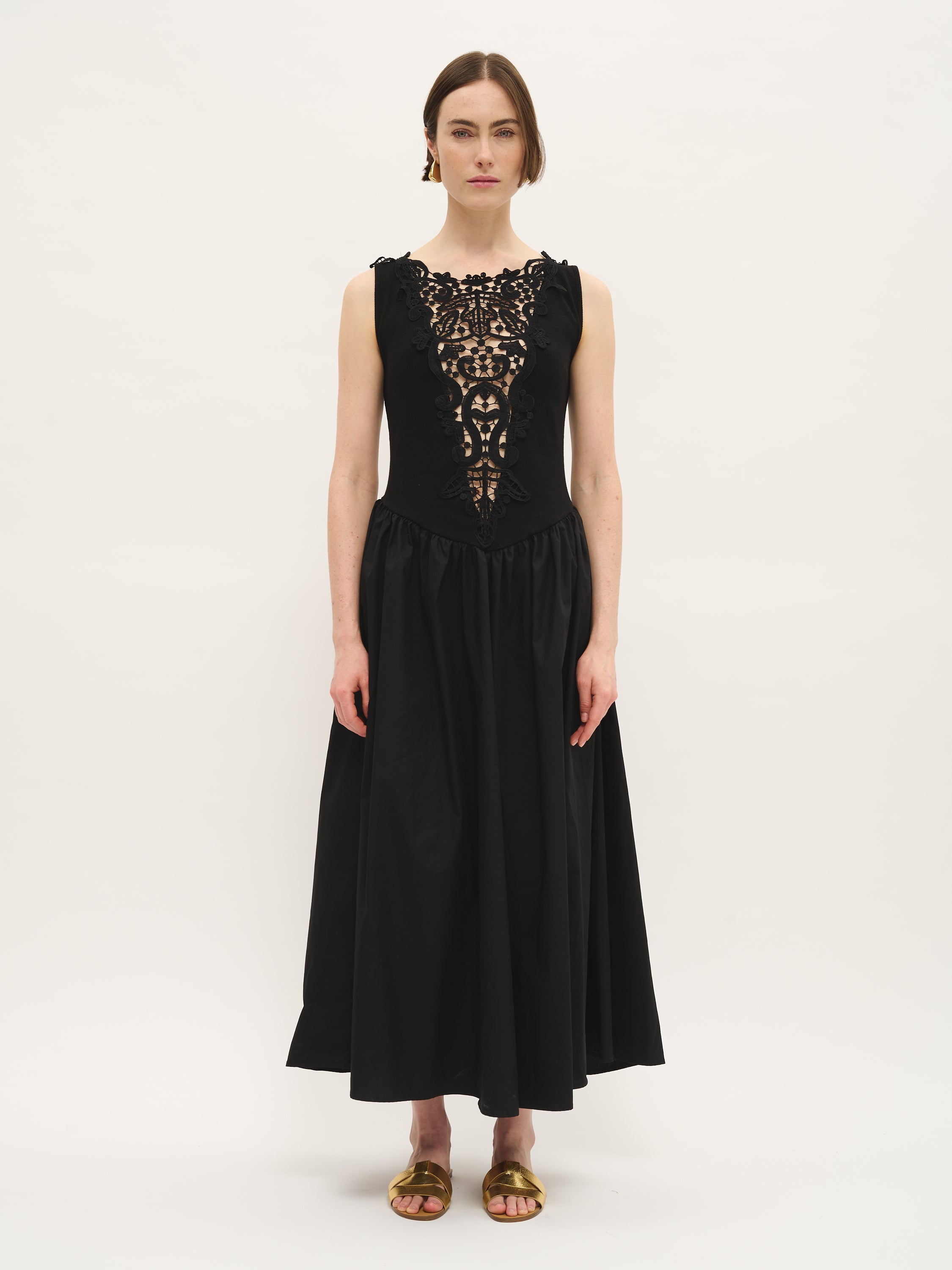 Lace-Front Cotton Midi Dress
