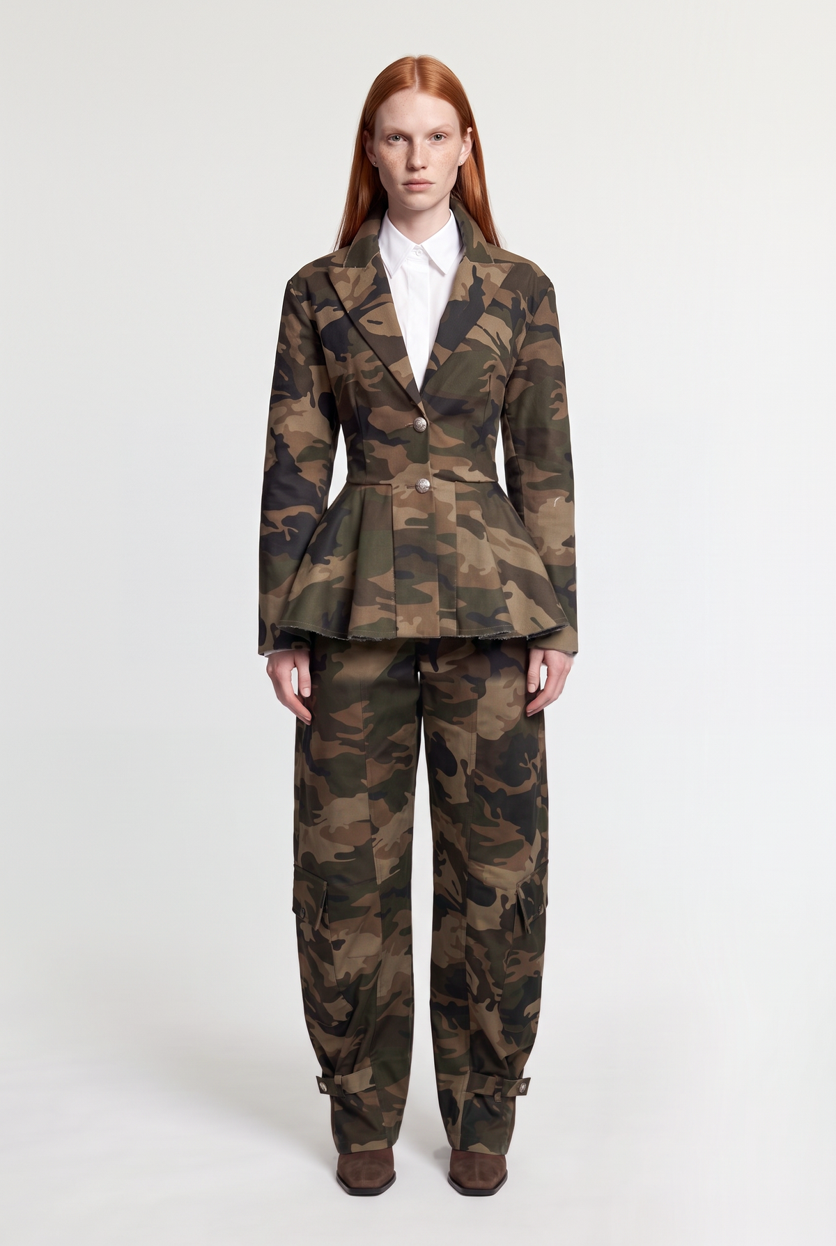 Camouflage Peplum Blazer - Green - front view