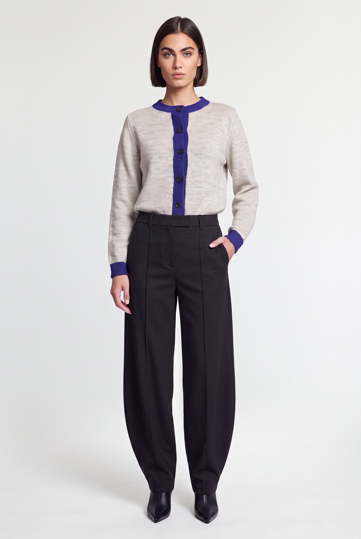 Contrast-Trim Knit Cardigan - Purple - front view
