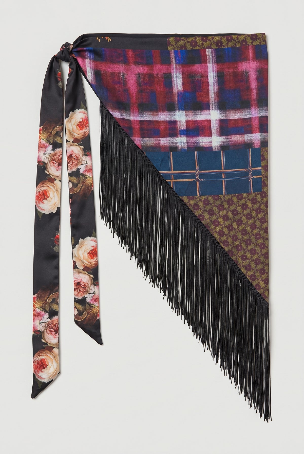 Fringed Patchwork Print Scarf - Multi - flat lay