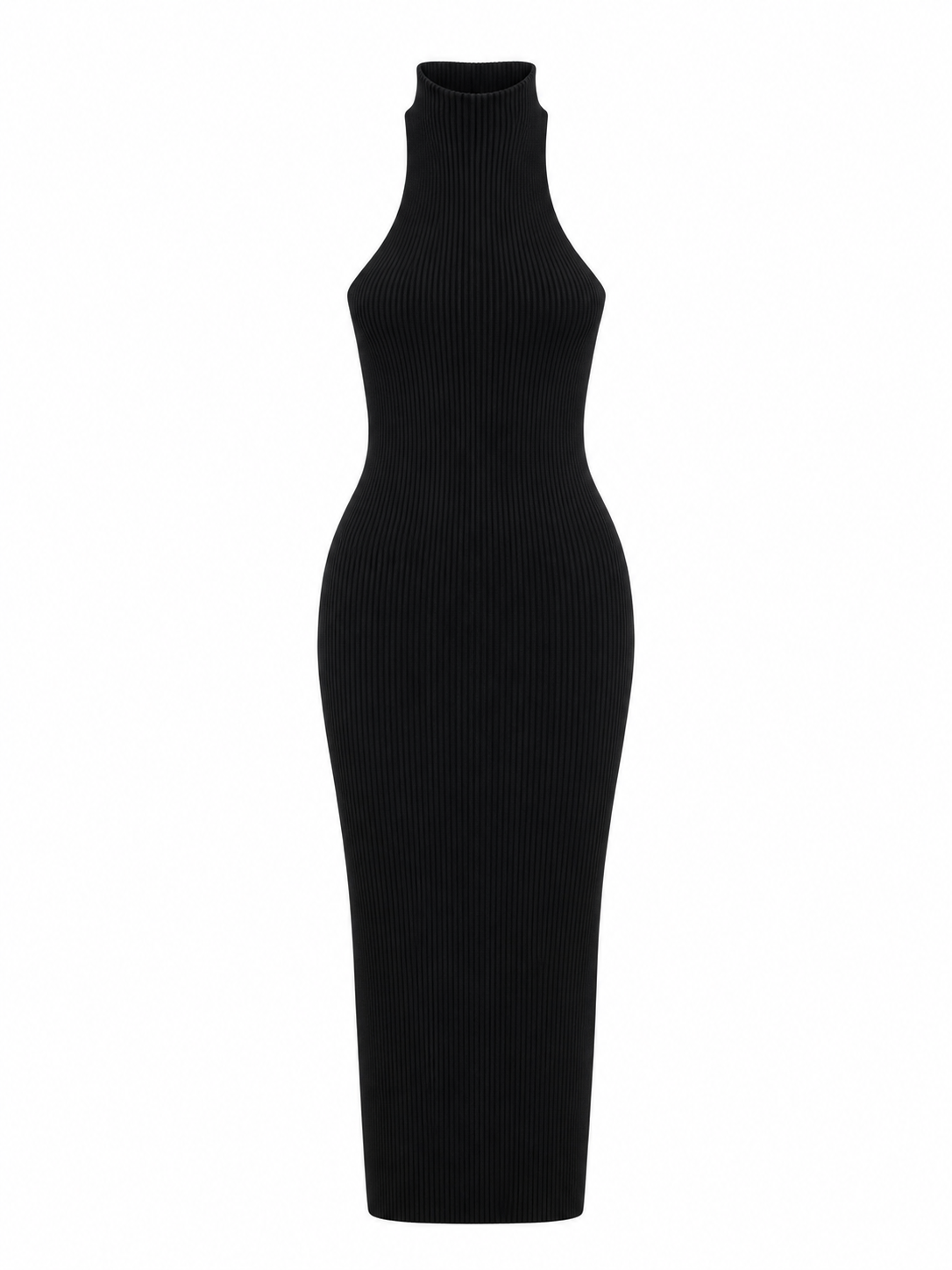 Robe longue côtelée à col montant