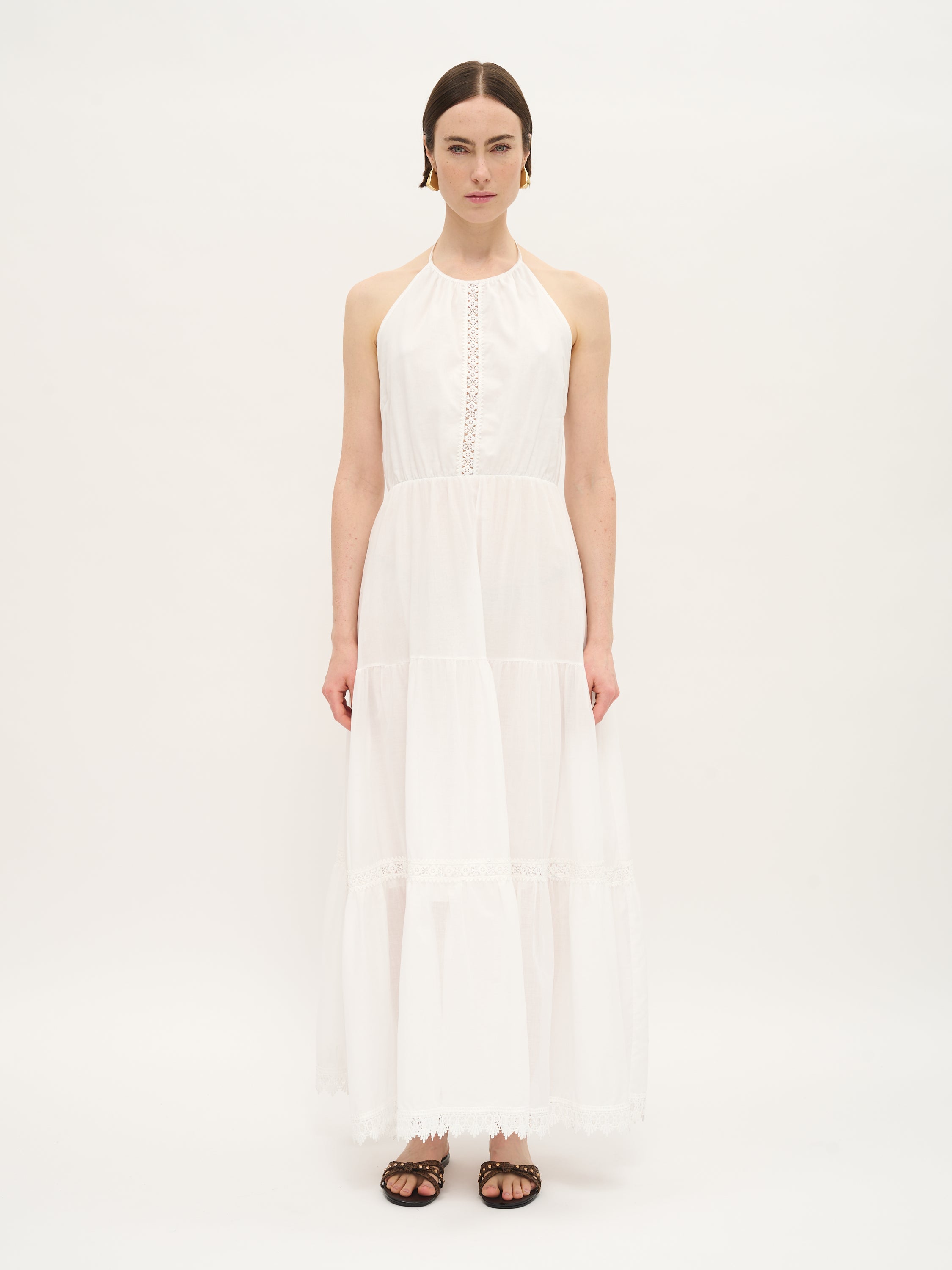 Halter Cotton Maxi Dress with Lace Trim