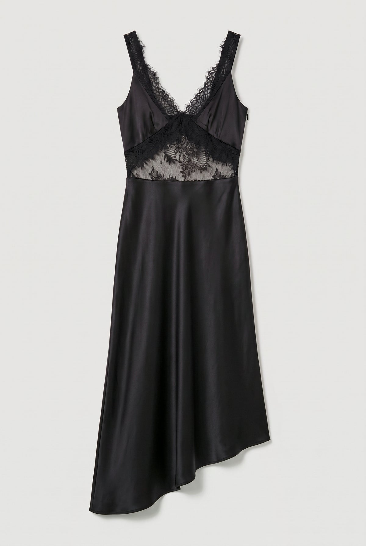Lace-Panel Satin Maxi Dress - Black - flat lay