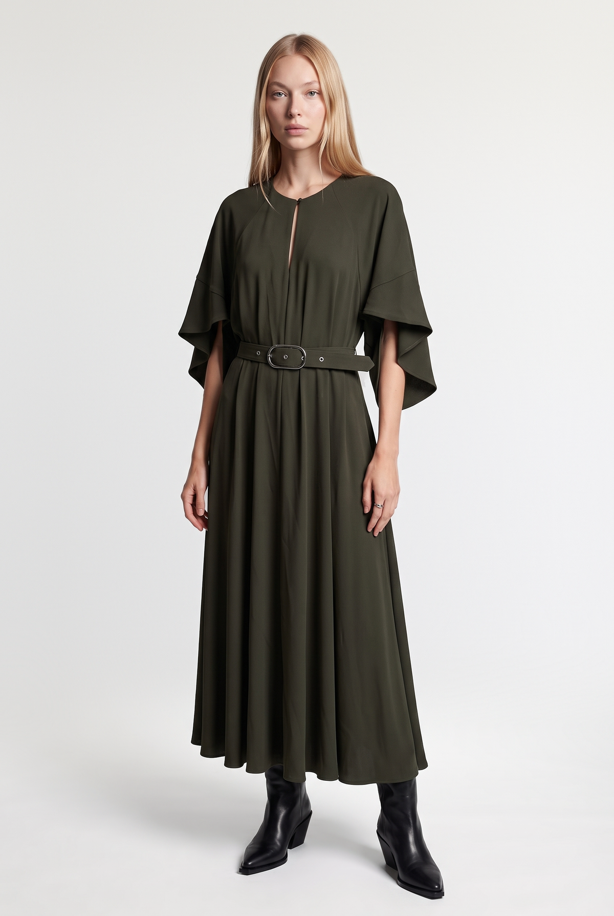 Draped Long Dress - Military - front view