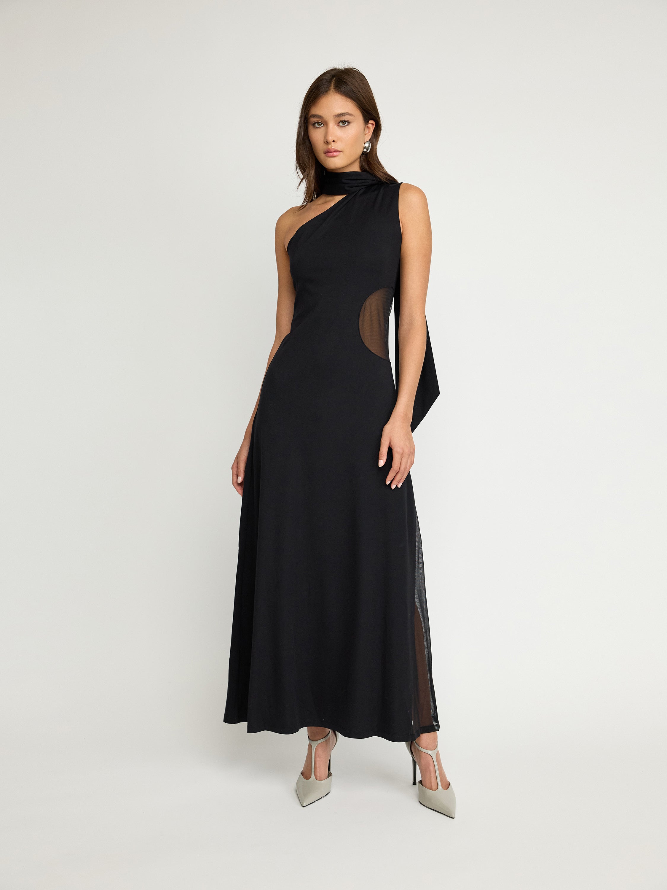 One-Shoulder Maxi Dress with Mesh Detail