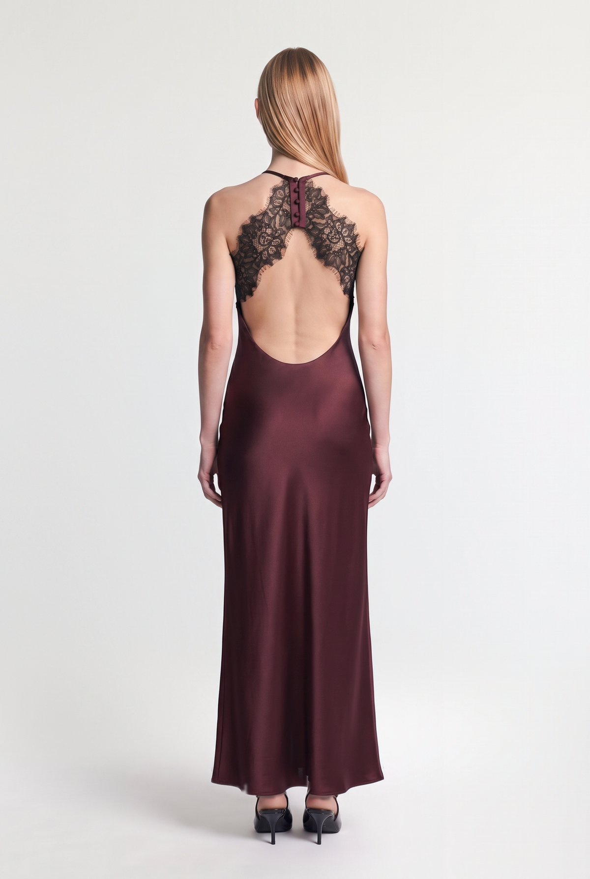 Lace-Trim Satin Maxi Dress - Burgundy - back view