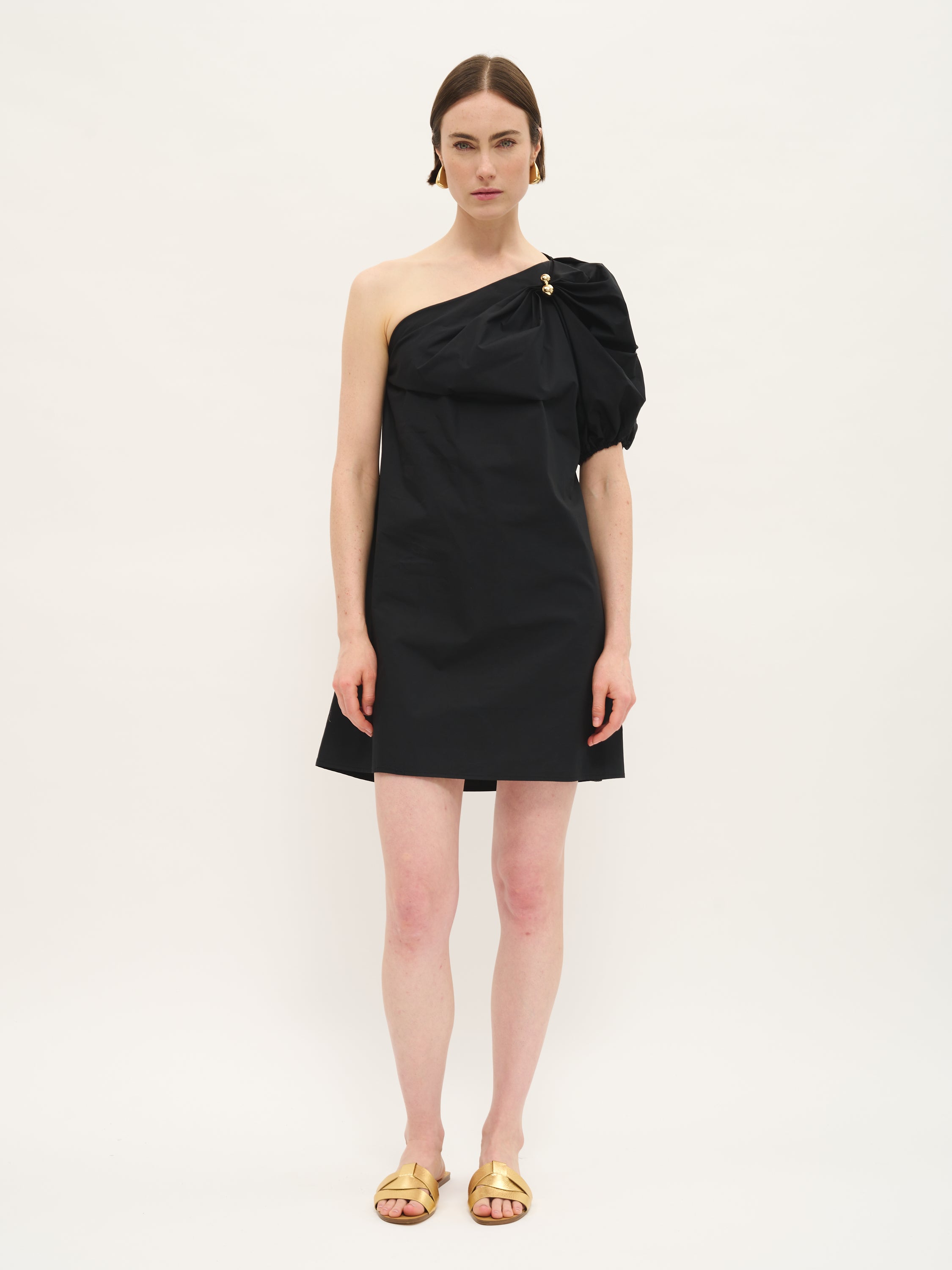 One-Shoulder Cotton Mini Dress with Gold Accent