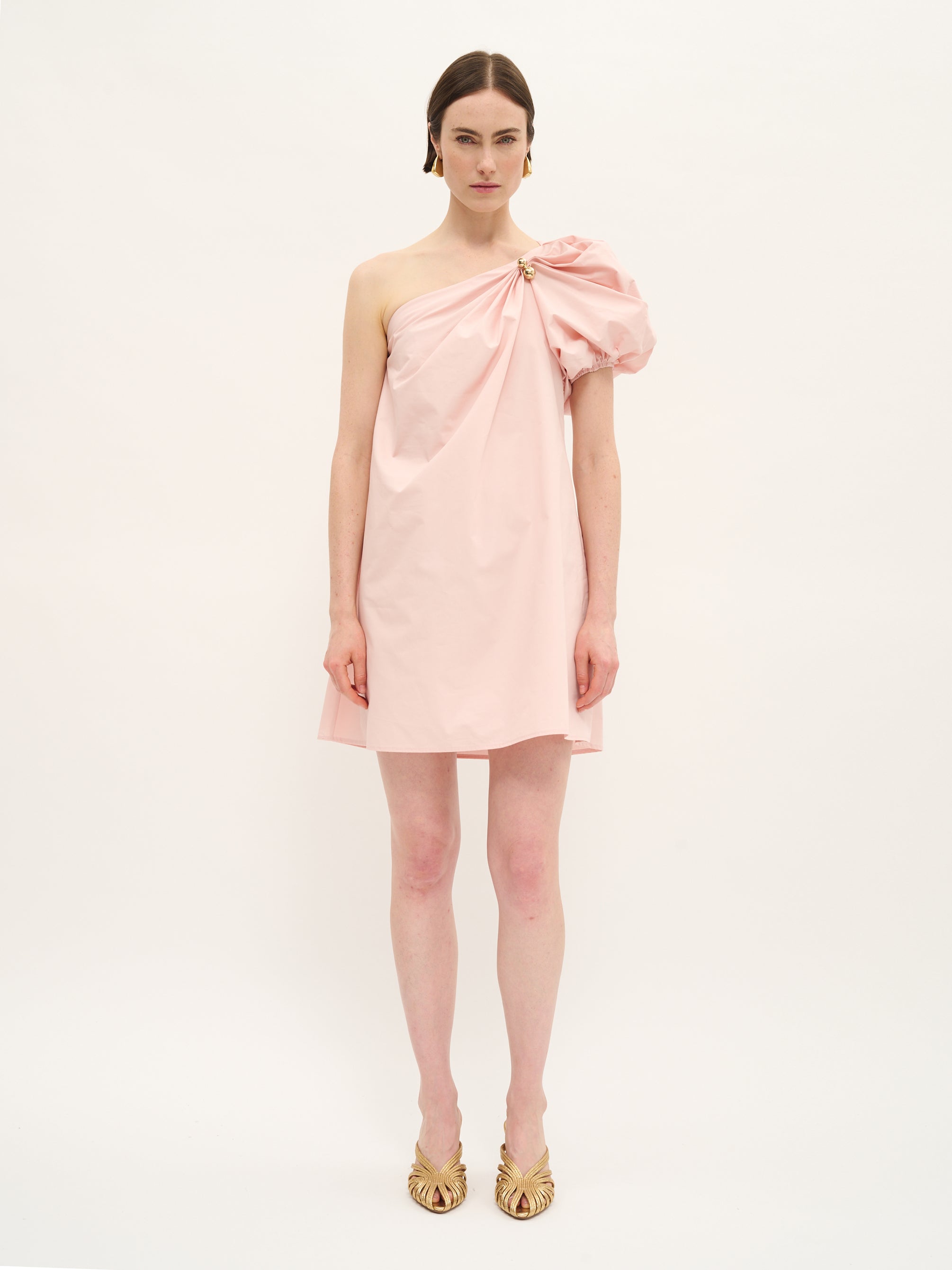 One-Shoulder Cotton Mini Dress with Gold Accent