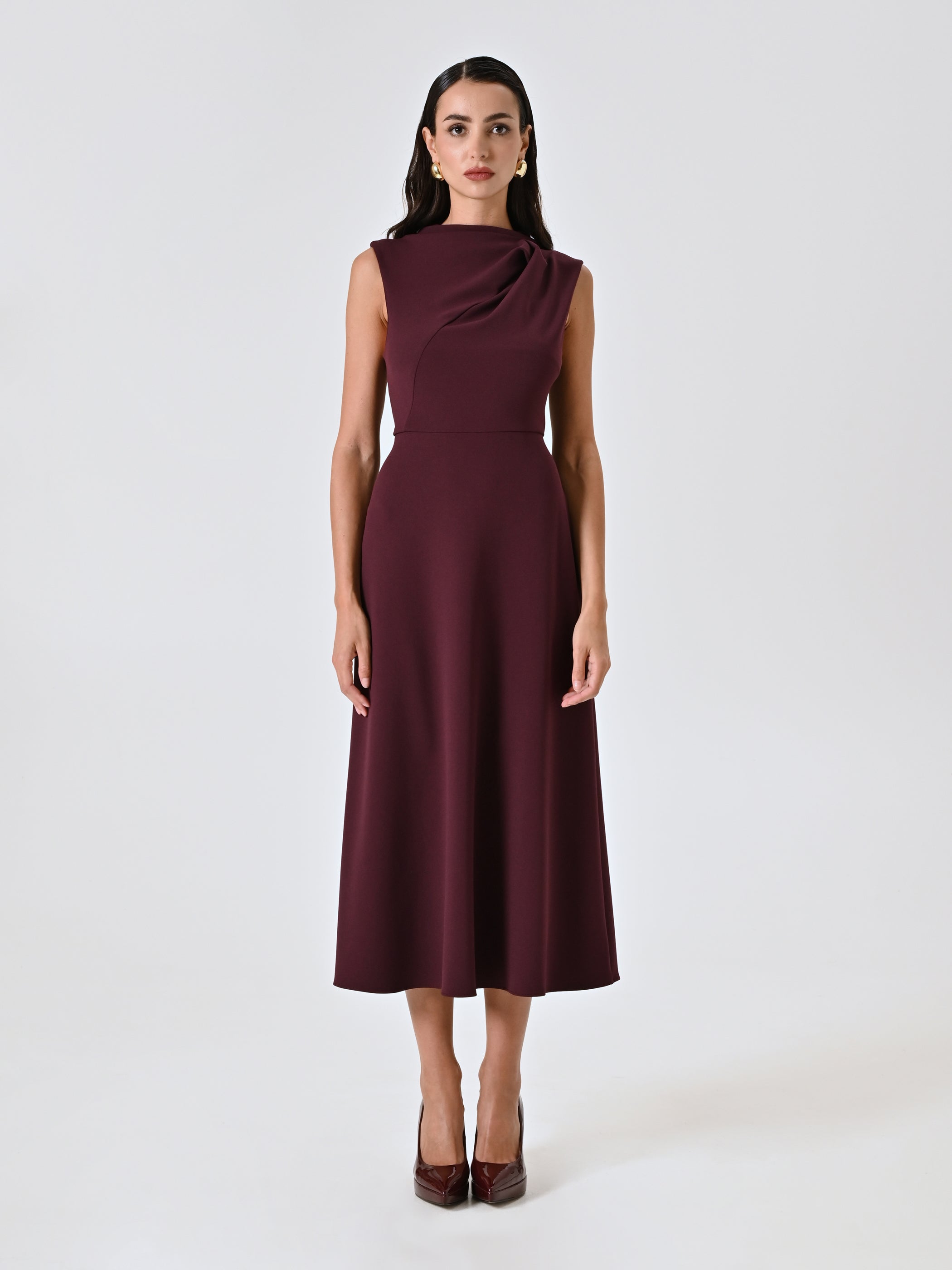 Midi Dress with Stand-Up Collar