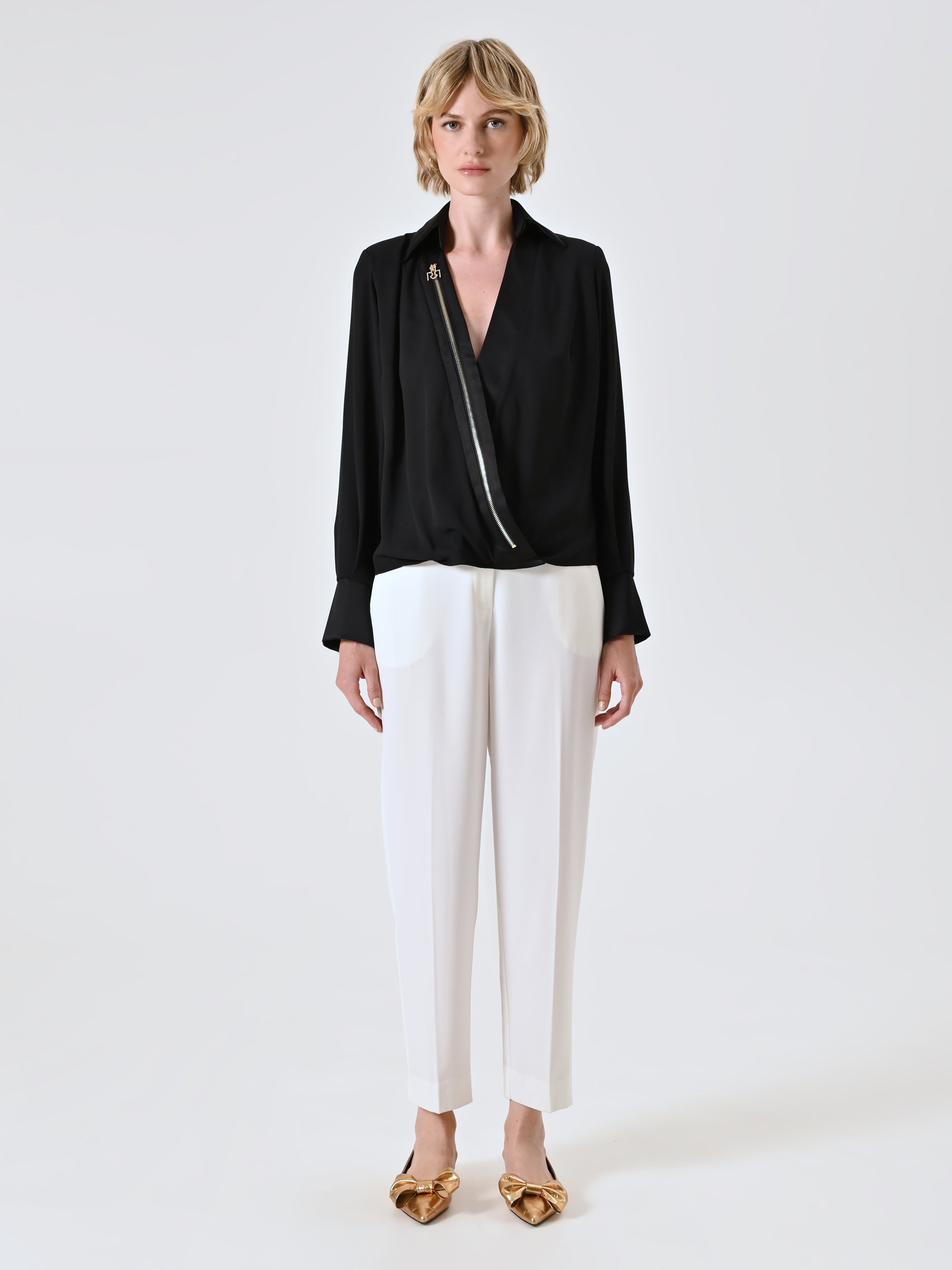 Black Shirt Blouse with Gold Zip