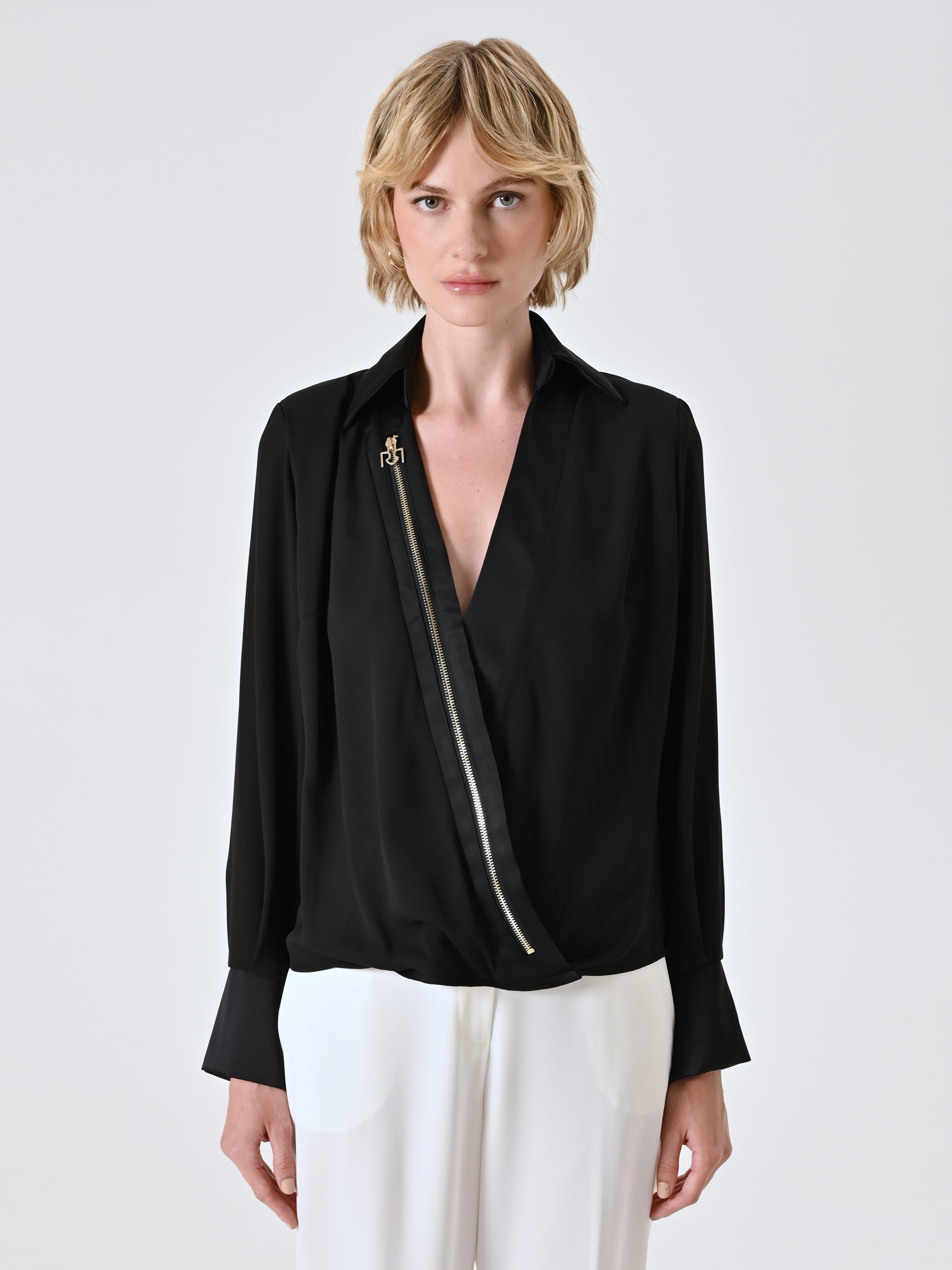 Black Shirt Blouse with Gold Zip