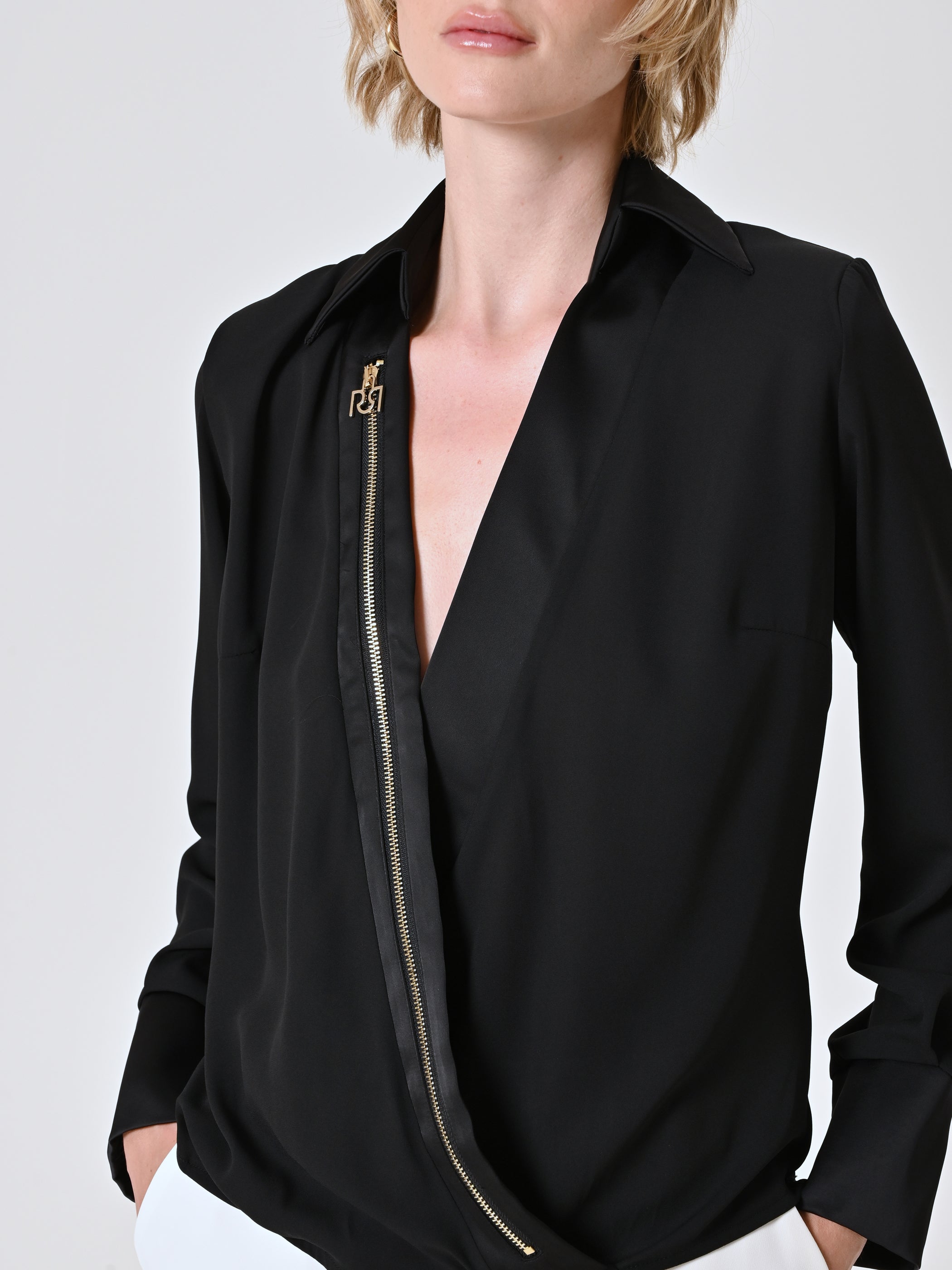 Black Shirt Blouse with Gold Zip