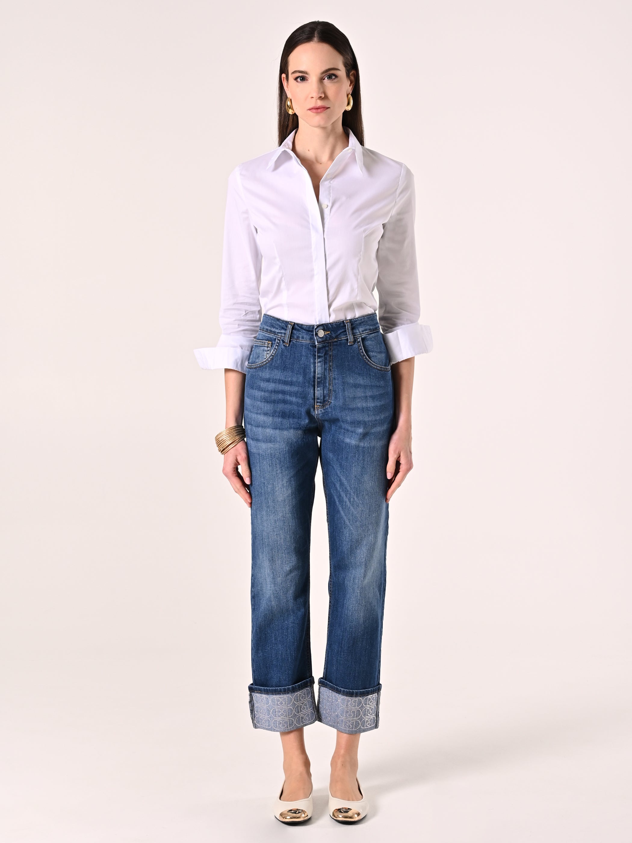 Jeans with Cuffed Hem and Rhinestone Logo