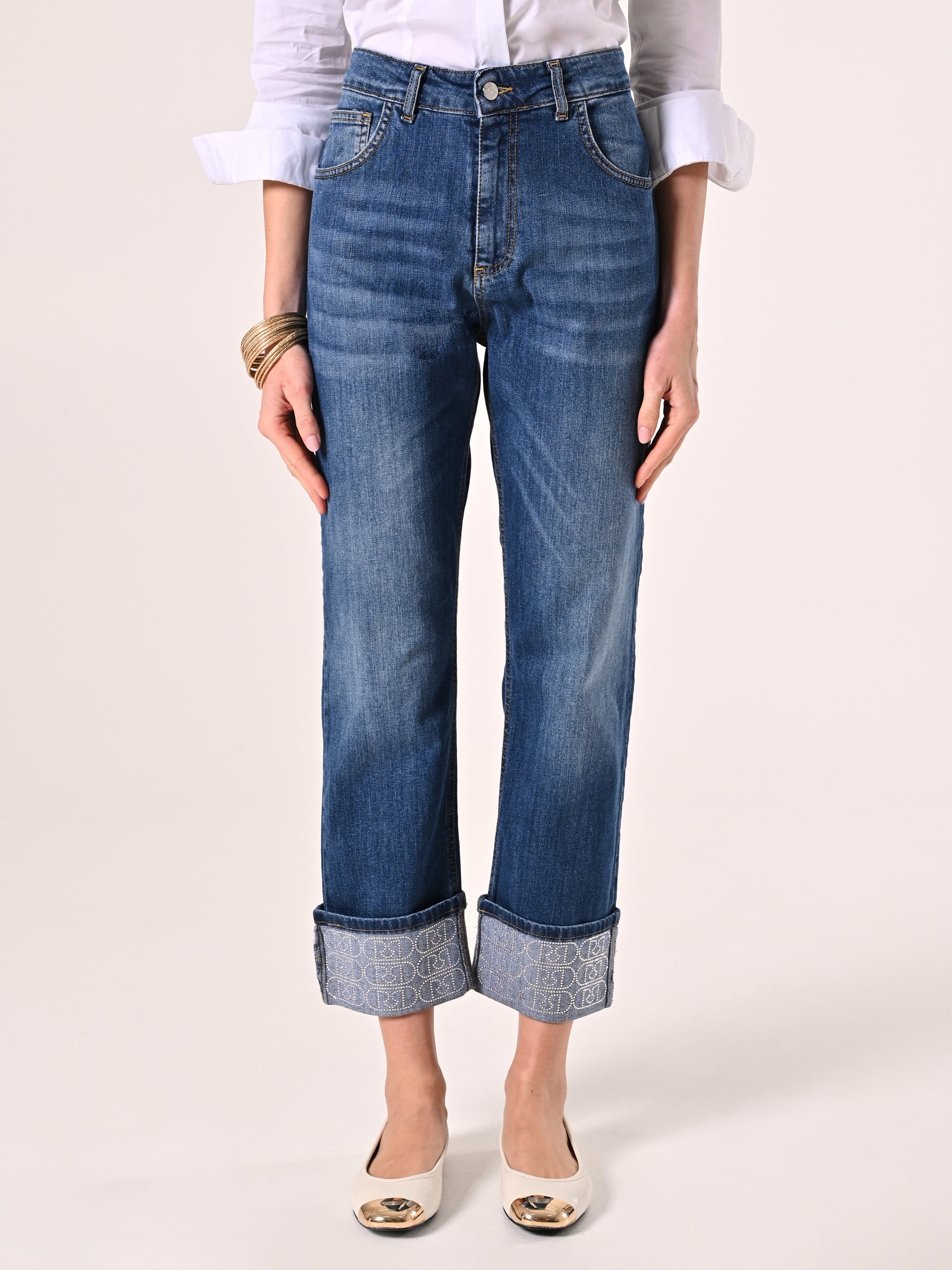 Jeans with Cuffed Hem and Rhinestone Logo