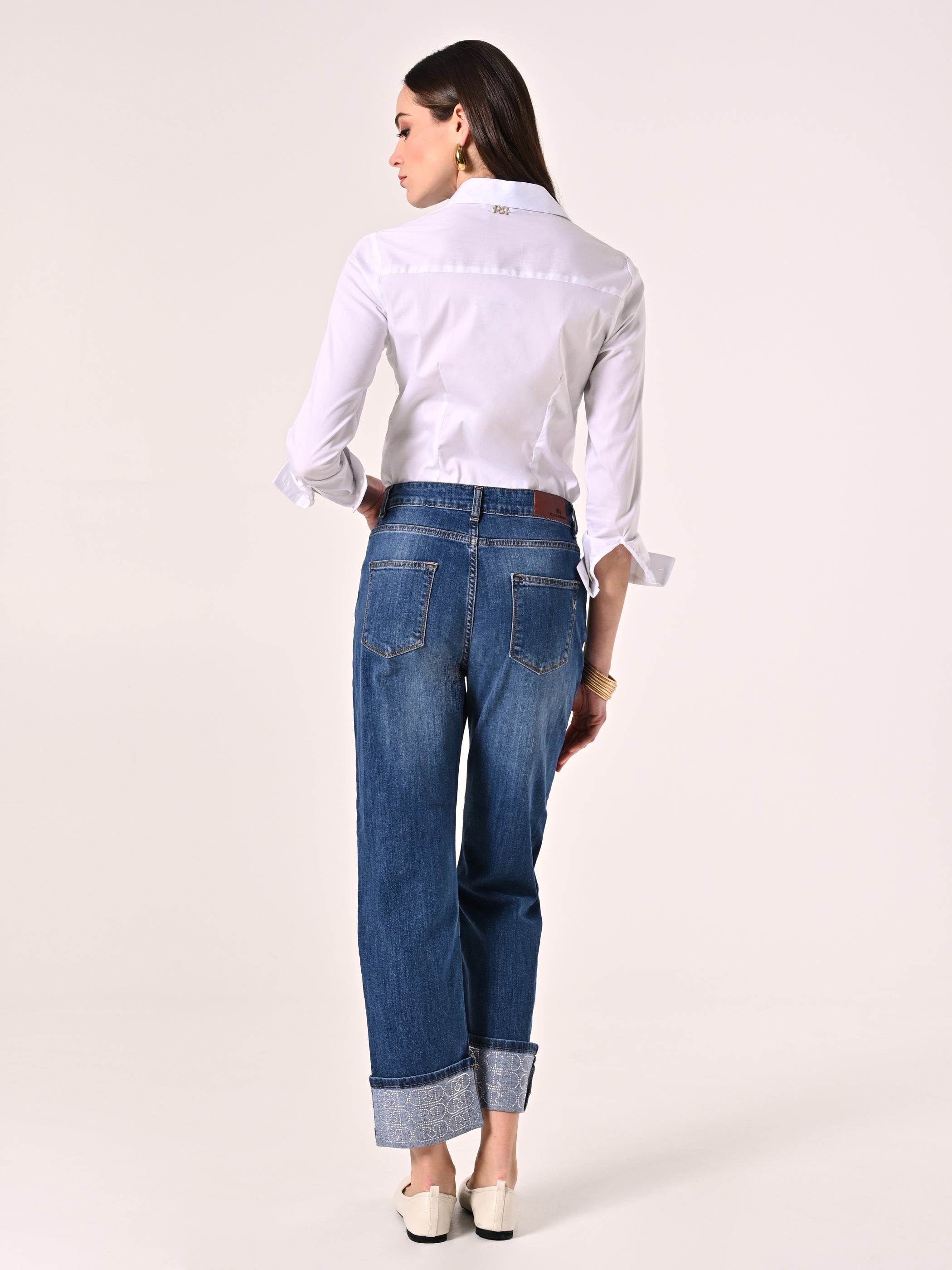 Jeans with Cuffed Hem and Rhinestone Logo