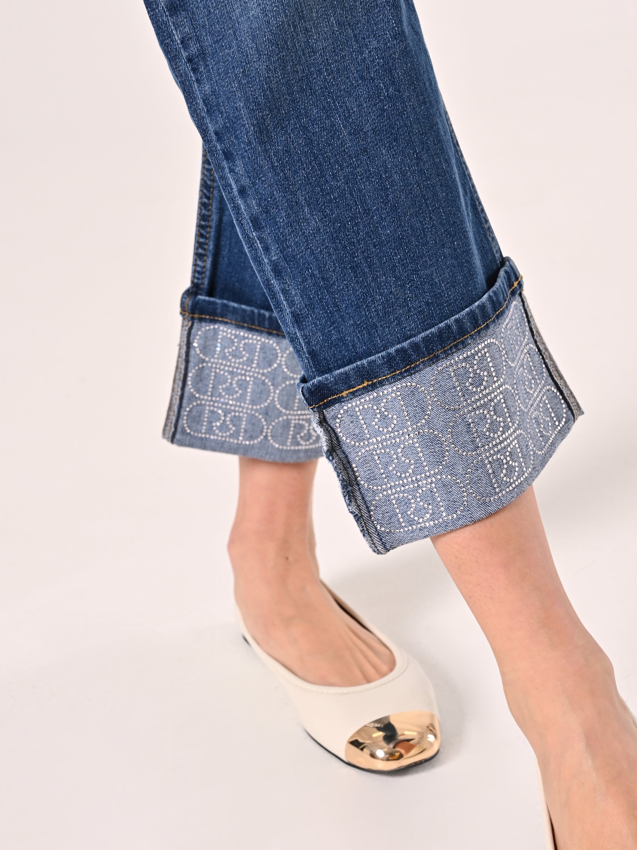 Jeans with Cuffed Hem and Rhinestone Logo