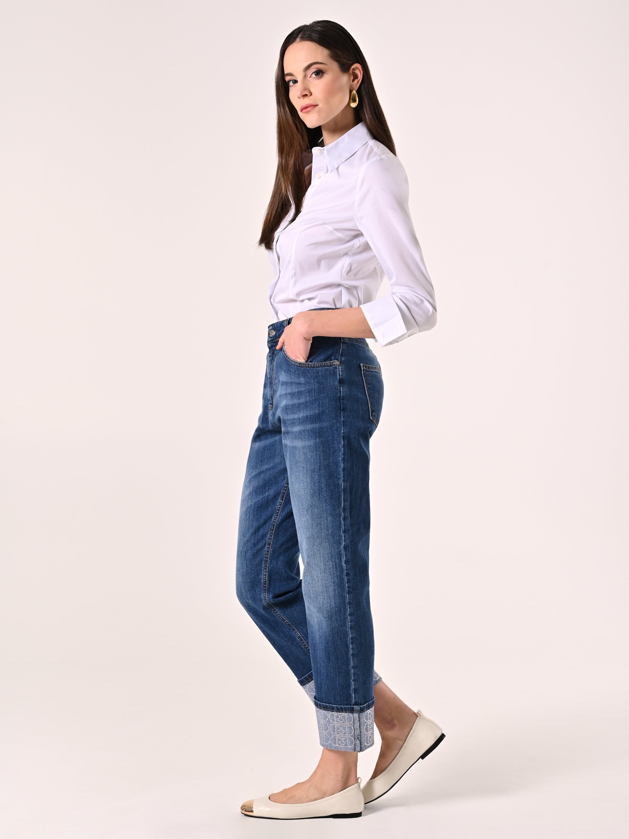 Jeans with Cuffed Hem and Rhinestone Logo