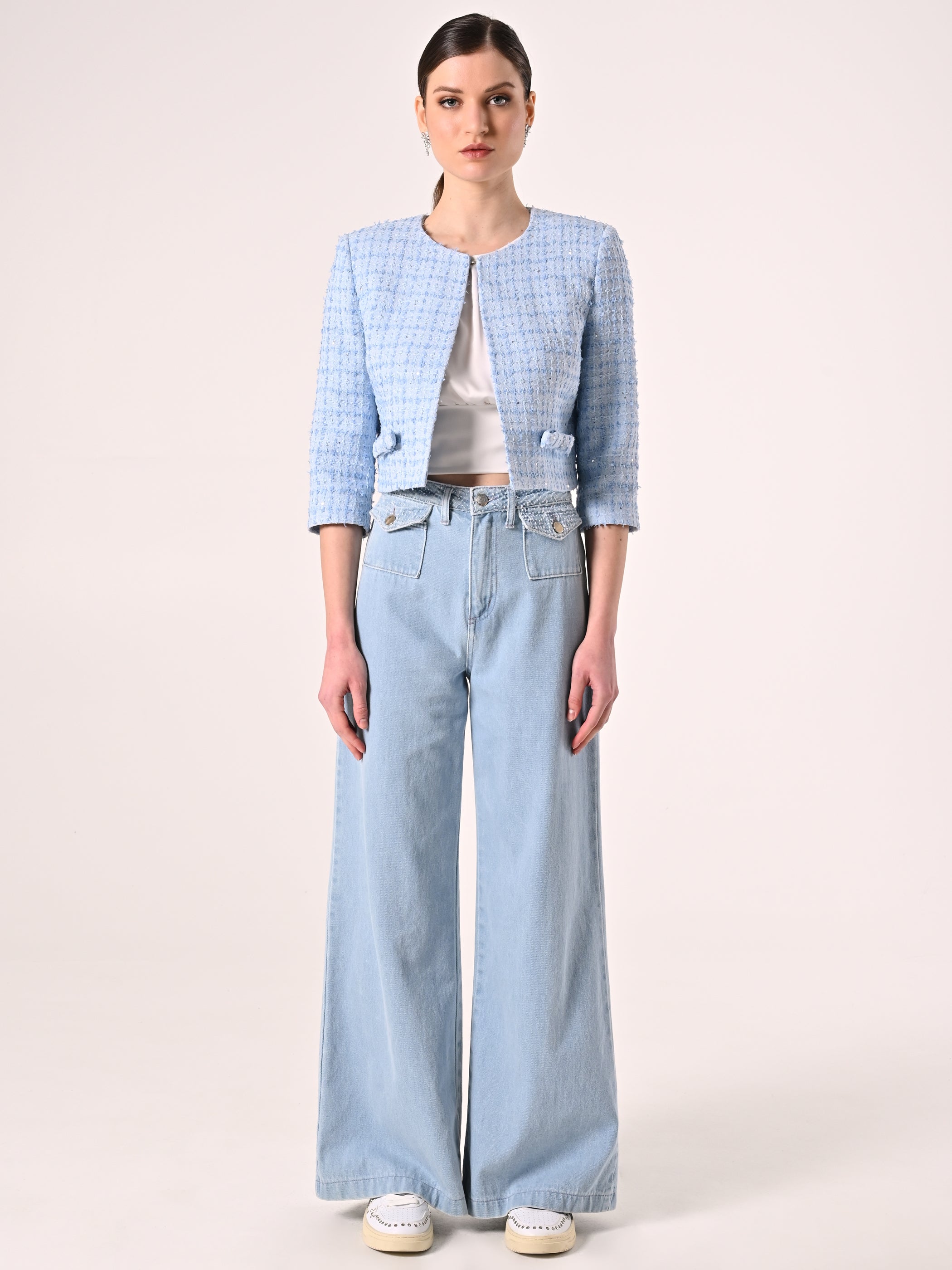 Light Blue Tweed Jacket with Micro Sequins