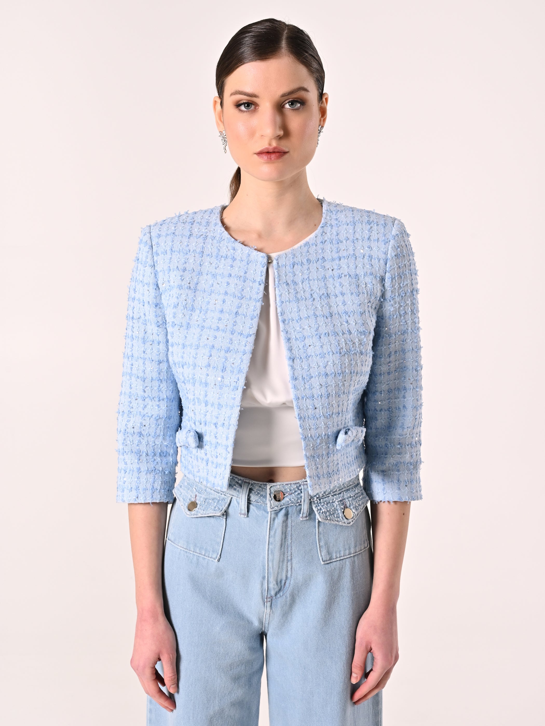 Light Blue Tweed Jacket with Micro Sequins