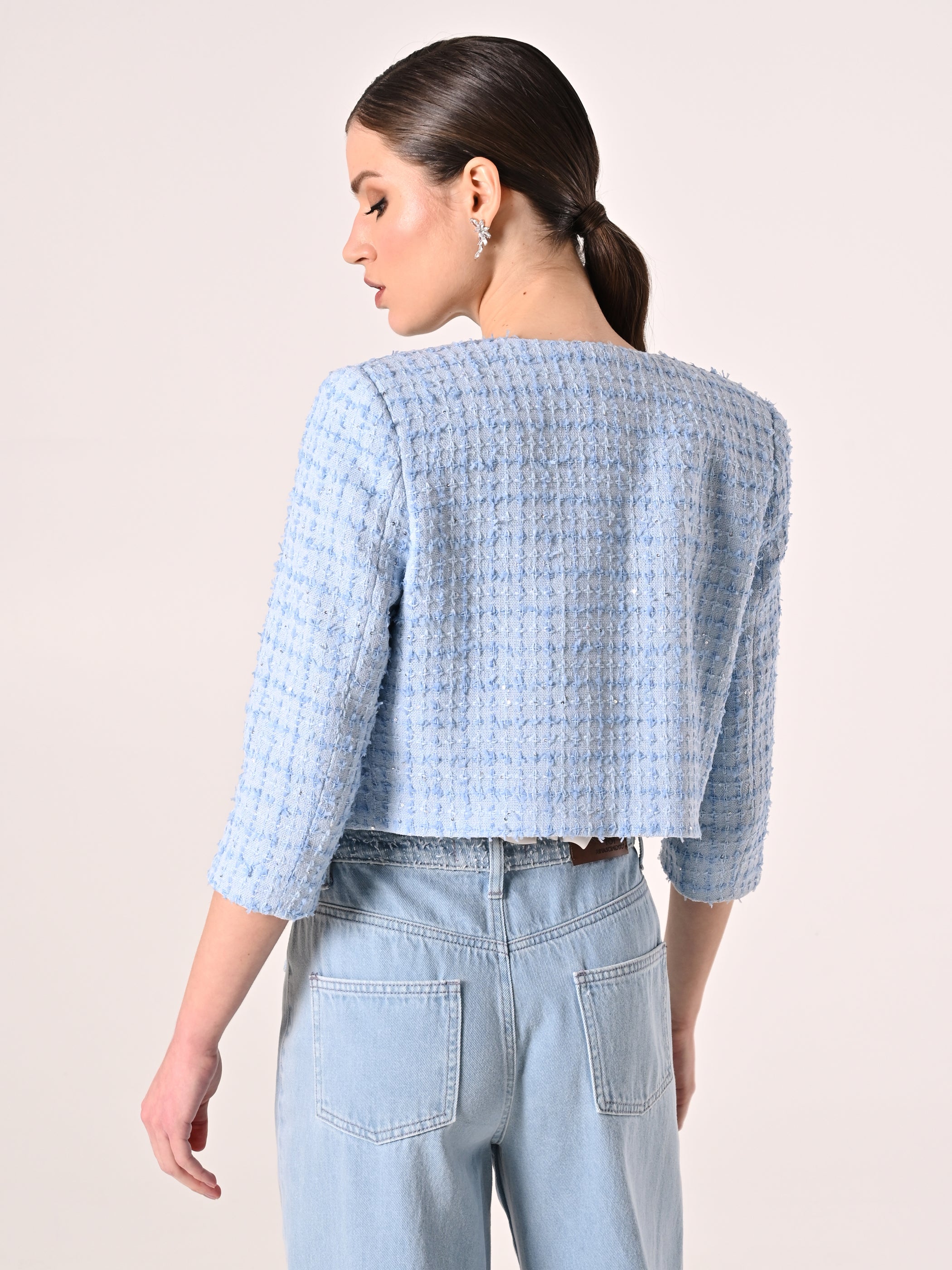 Light Blue Tweed Jacket with Micro Sequins