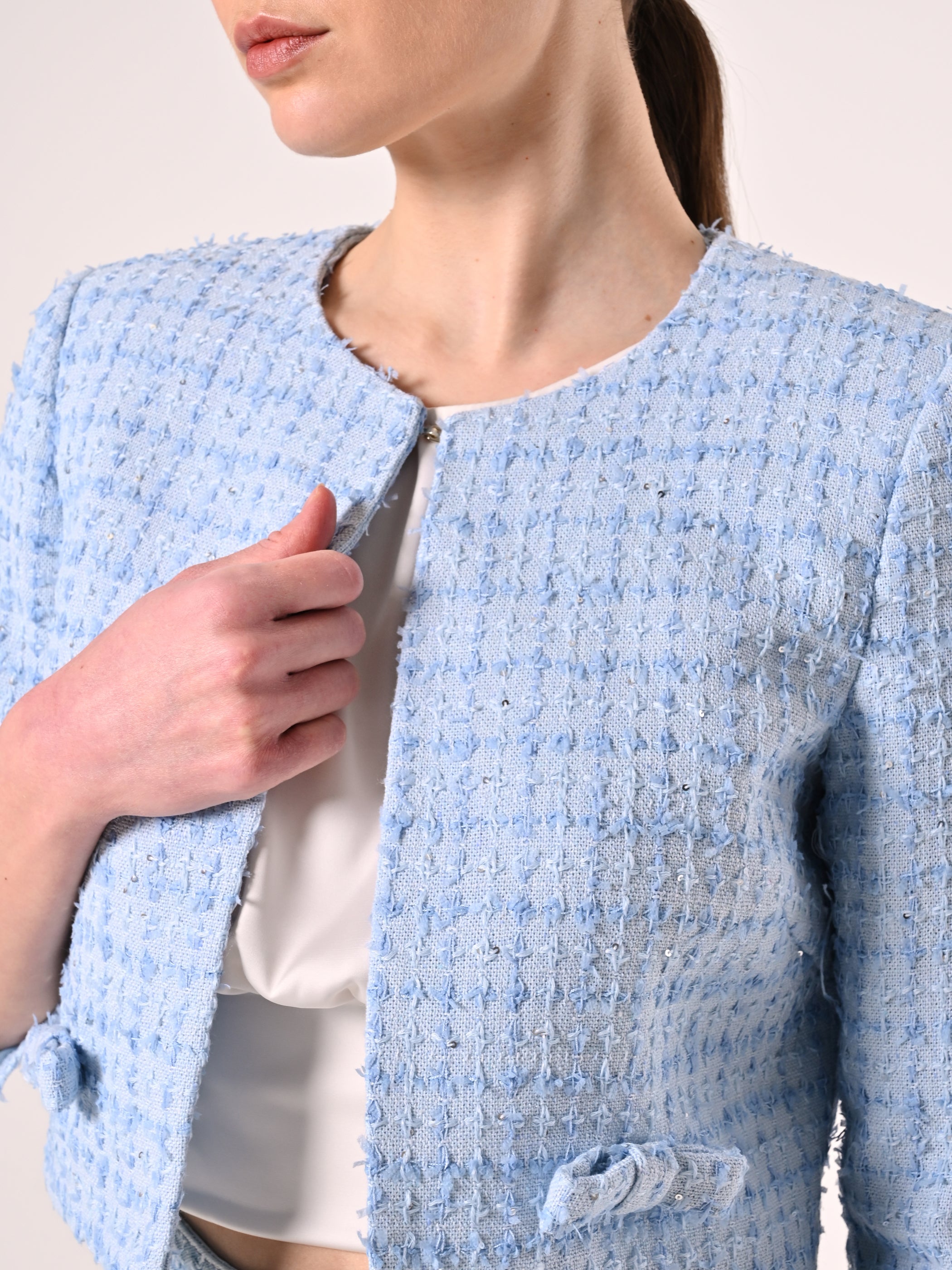 Light Blue Tweed Jacket with Micro Sequins