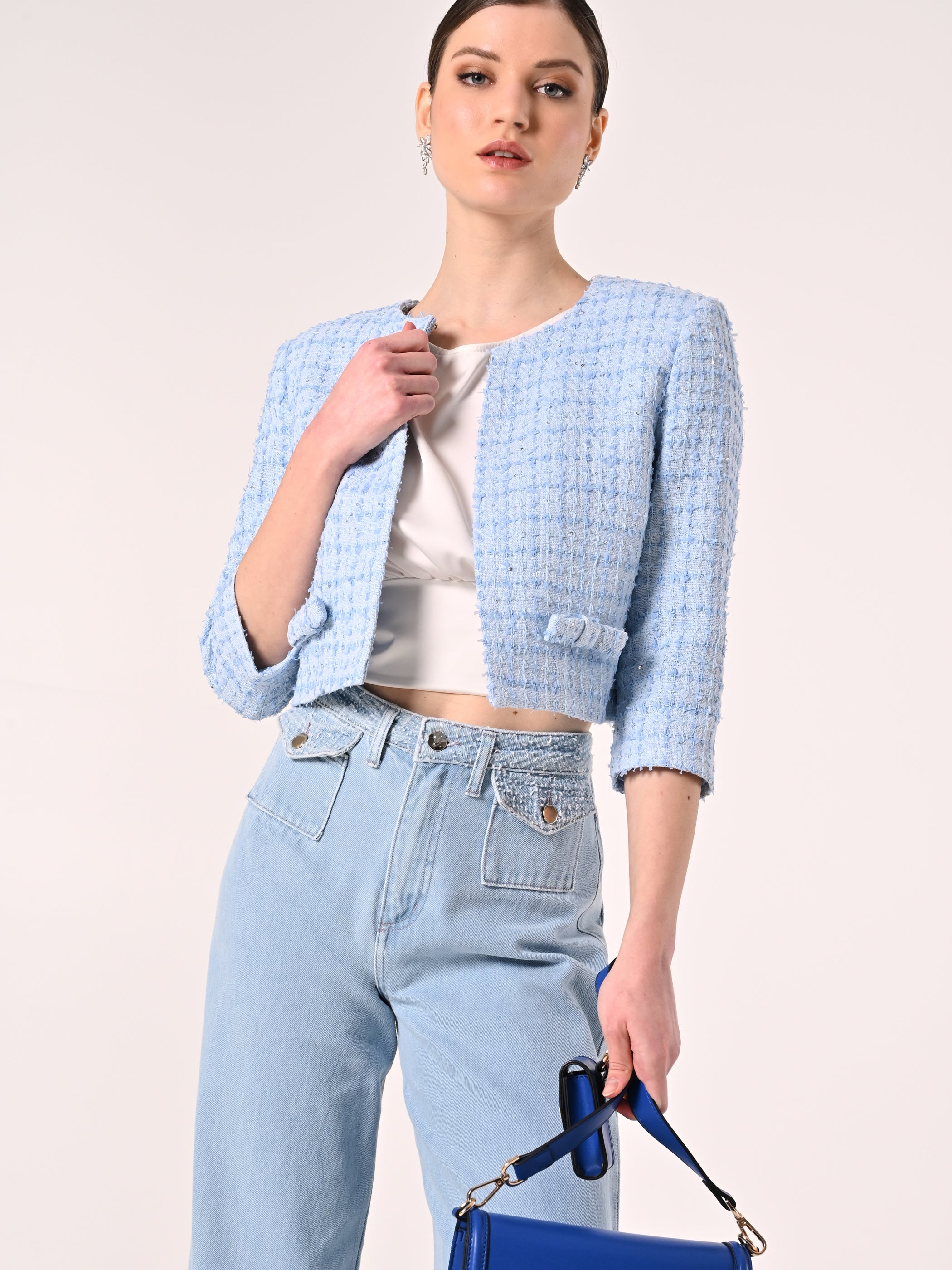 Light Blue Tweed Jacket with Micro Sequins