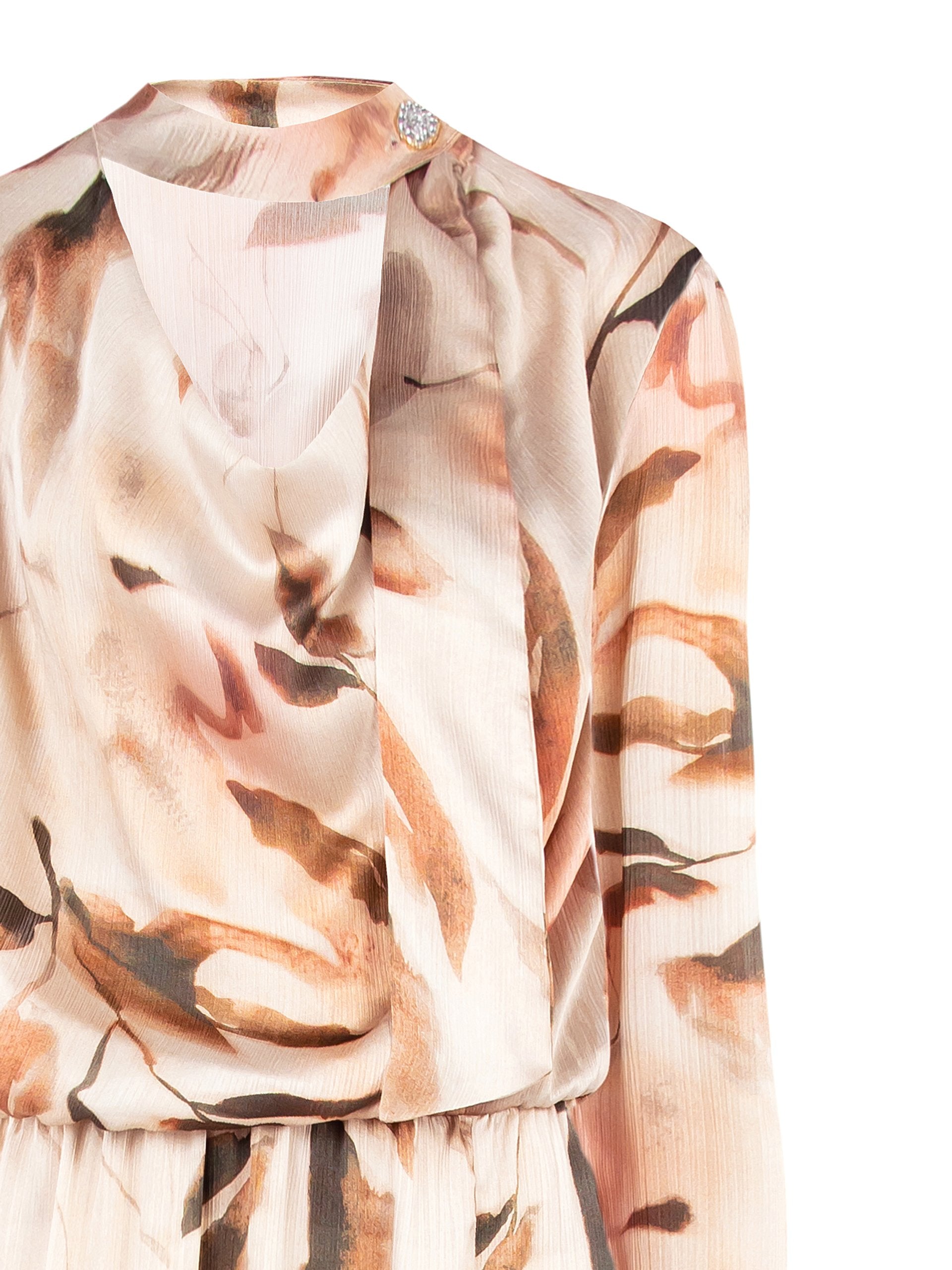 Long Asymmetrical Dress in Crinkled Satin with Gemstone Button