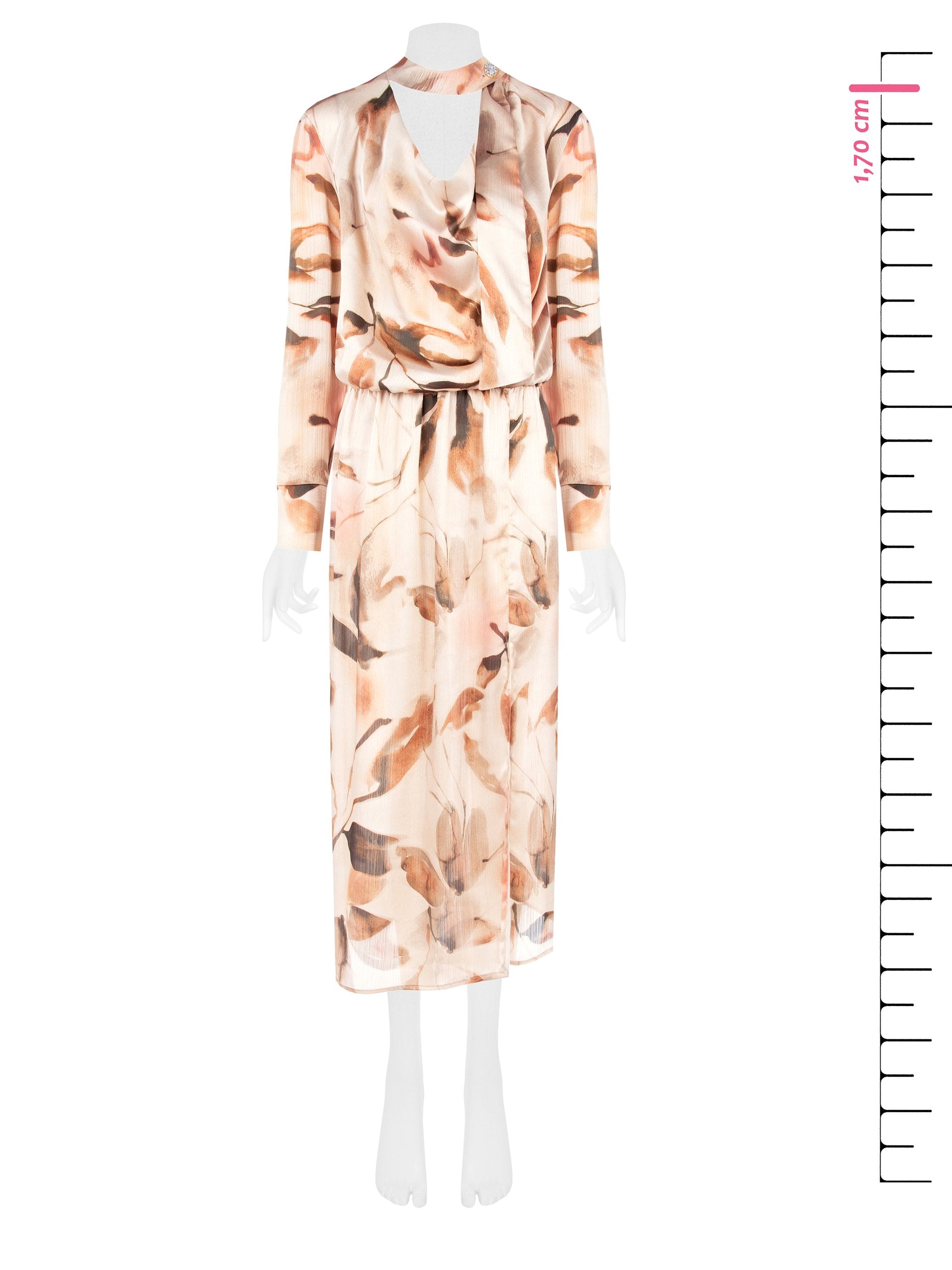 Long Asymmetrical Dress in Crinkled Satin with Gemstone Button