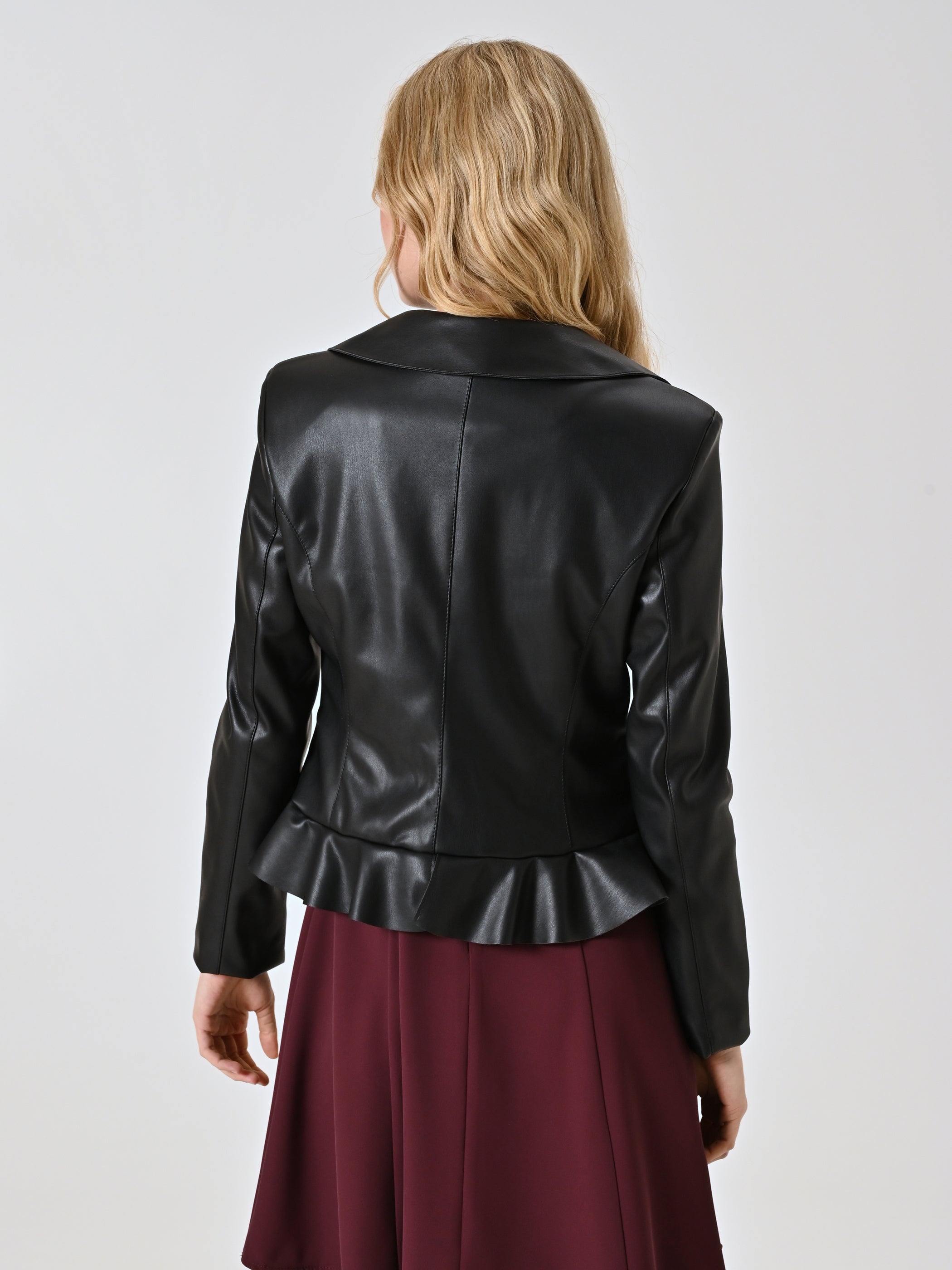 Black Faux Leather Jacket with Ruffles and Turn-down Collar