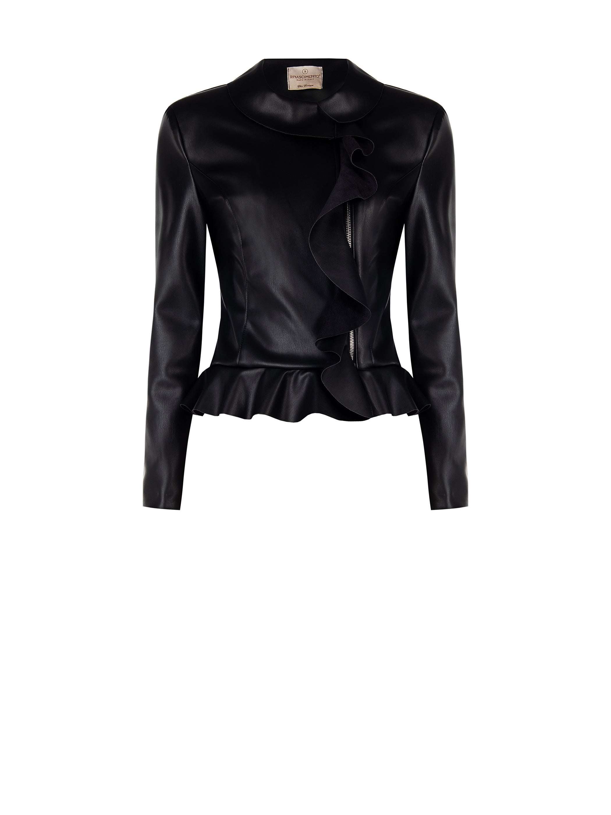 Black Faux Leather Jacket with Ruffles and Turn-down Collar