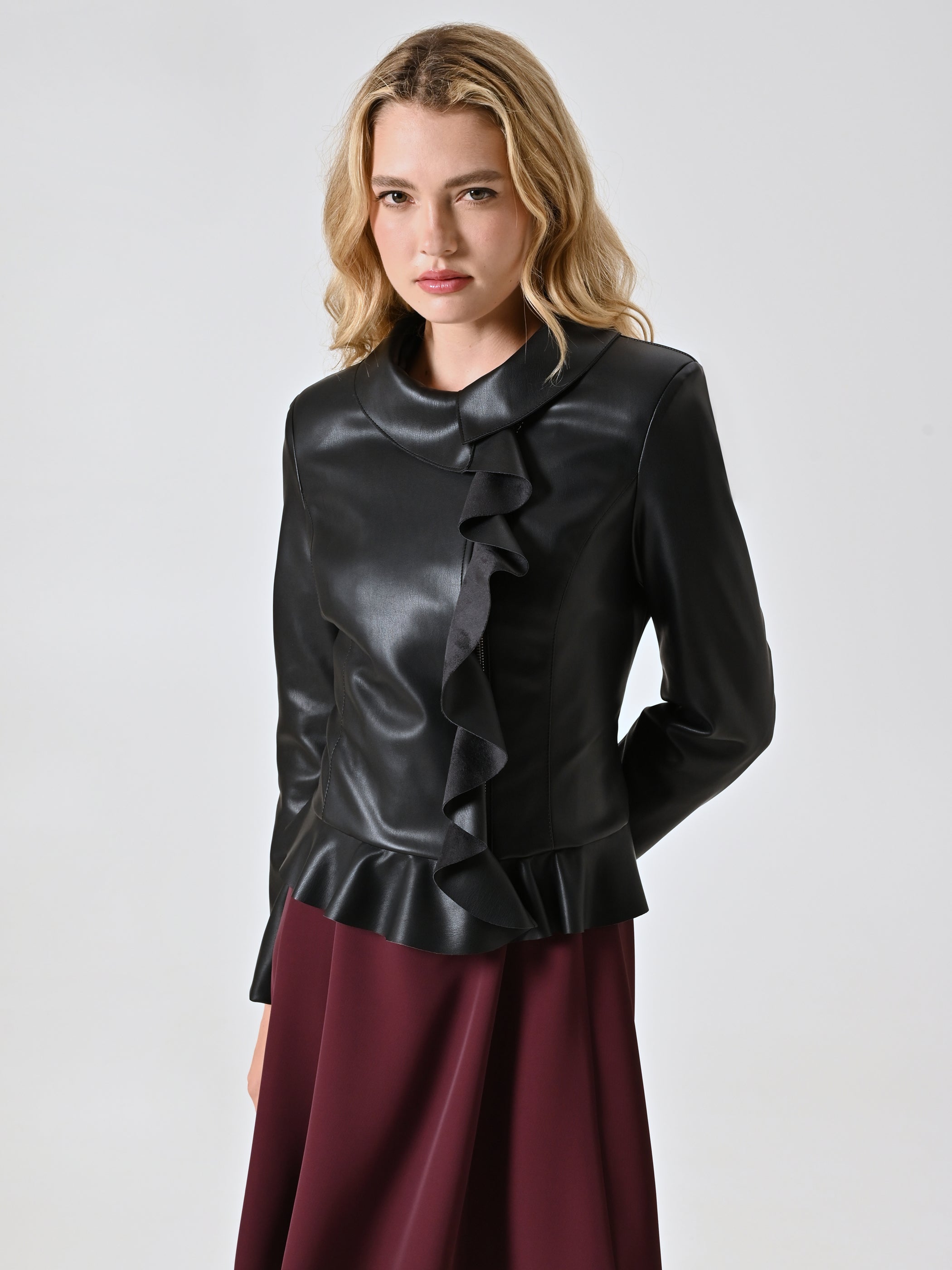 Black Faux Leather Jacket with Ruffles and Turn-down Collar