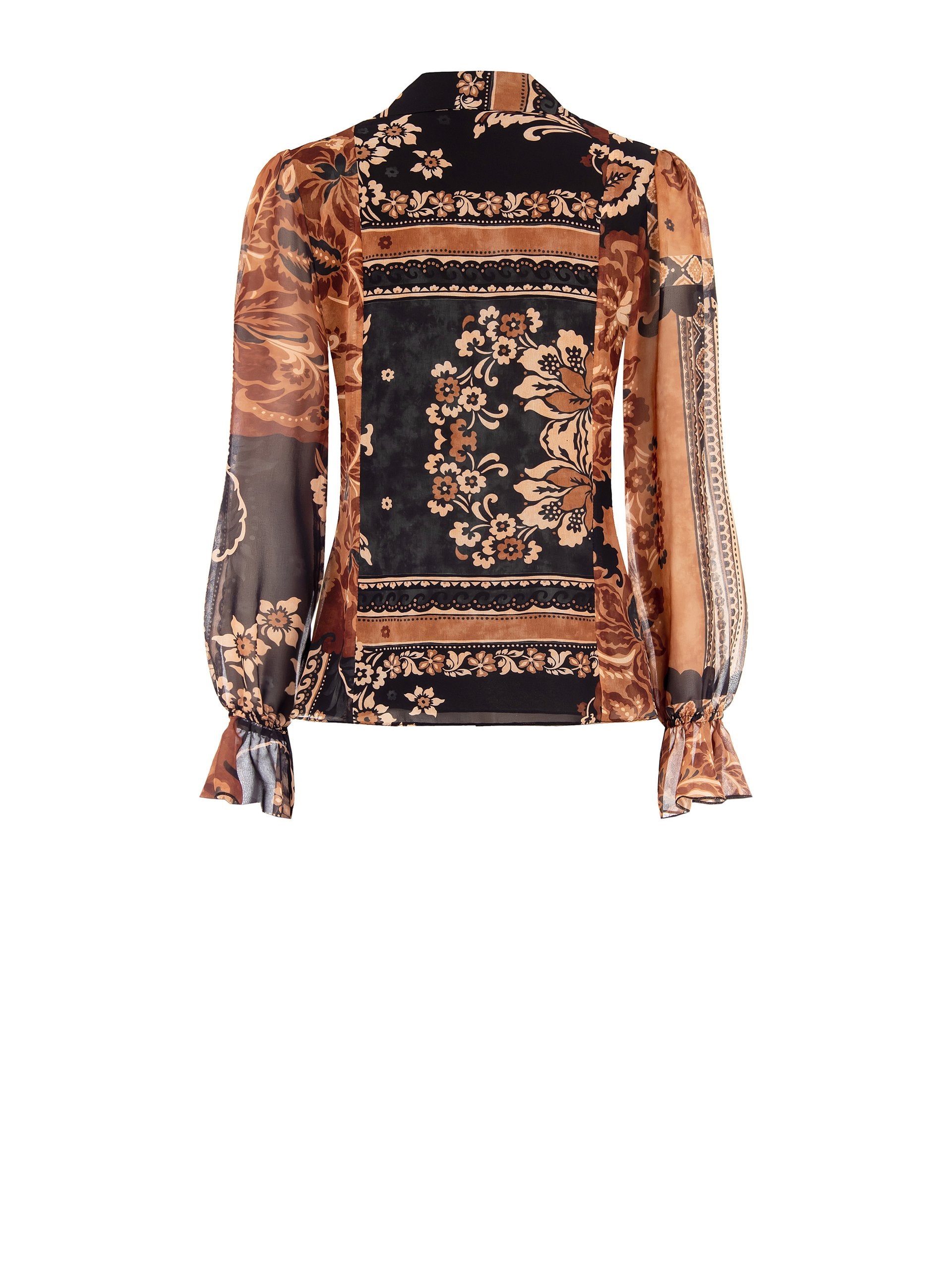 Sheer Floral Patchwork Blouse with Tie Neck