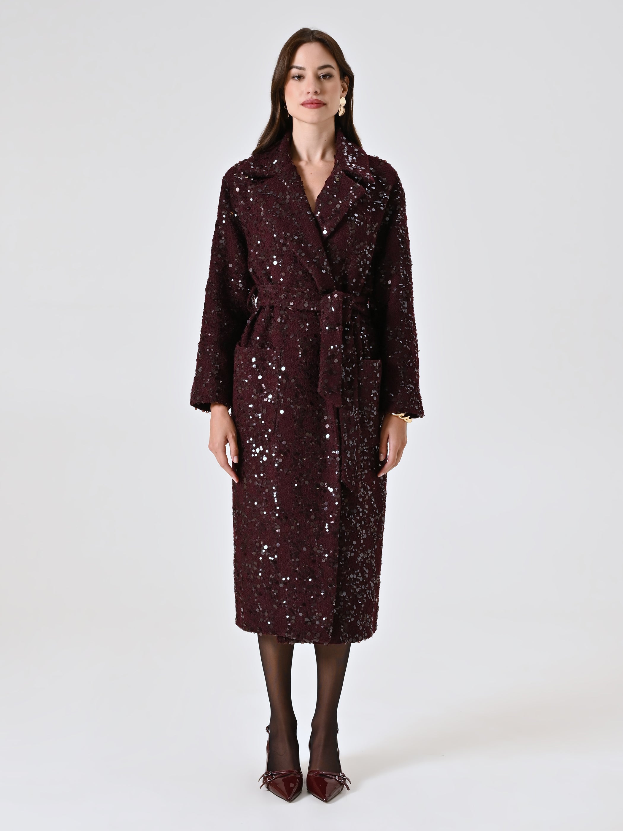 Maxi Burgundy Coat in Bouclé Wool and Sequins