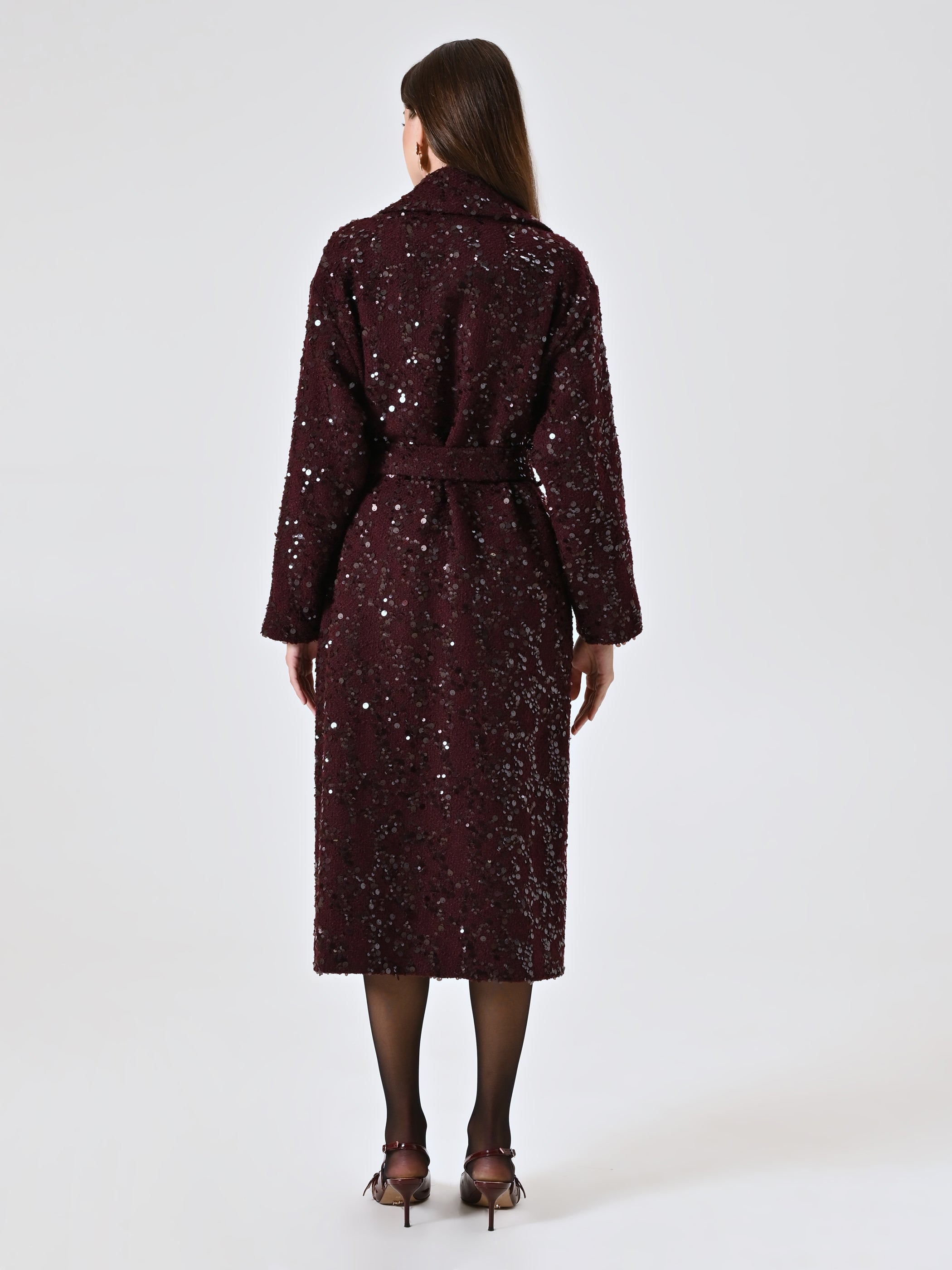 Maxi Burgundy Coat in Bouclé Wool and Sequins