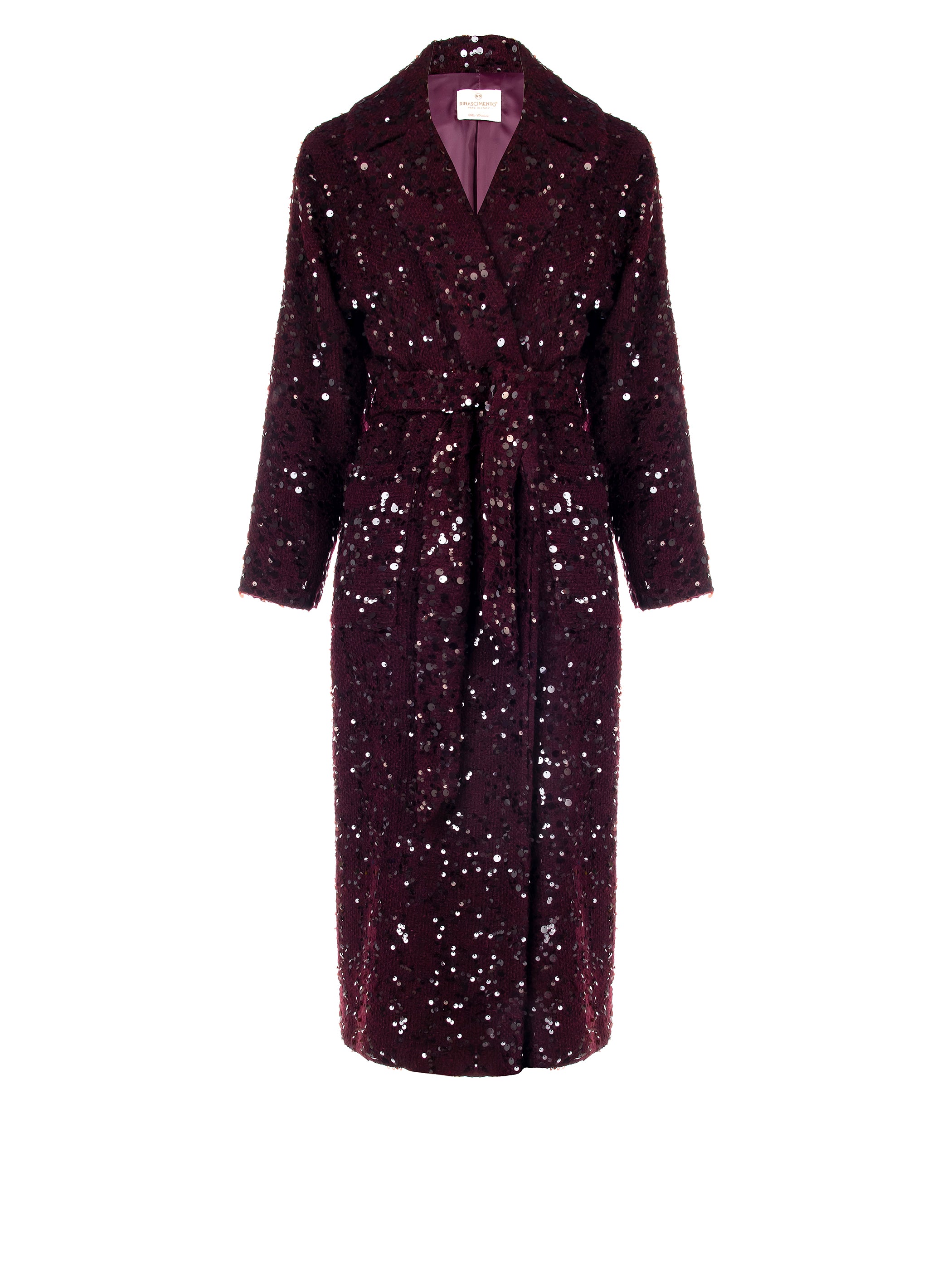Maxi Burgundy Coat in Bouclé Wool and Sequins