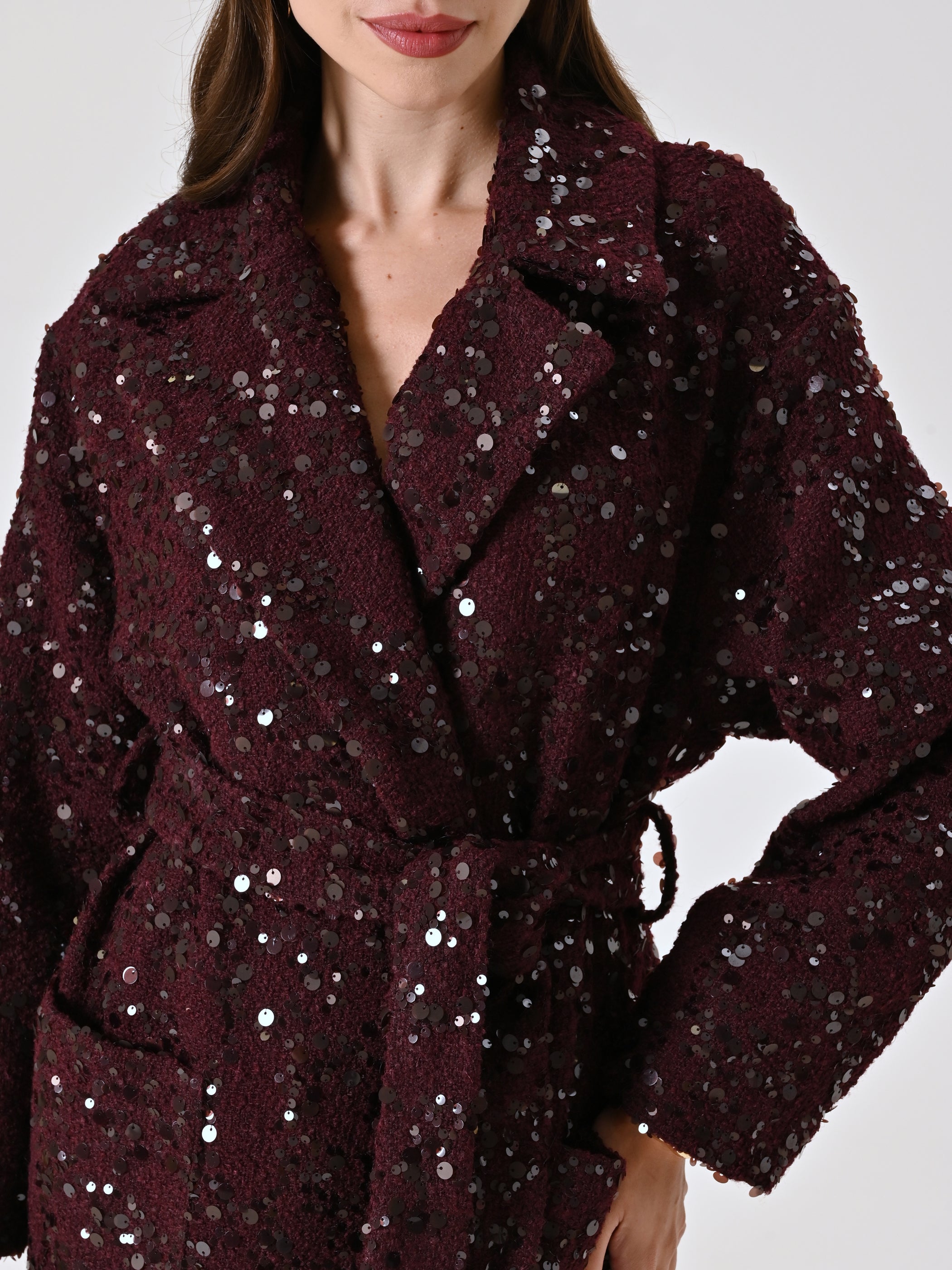 Maxi Burgundy Coat in Bouclé Wool and Sequins