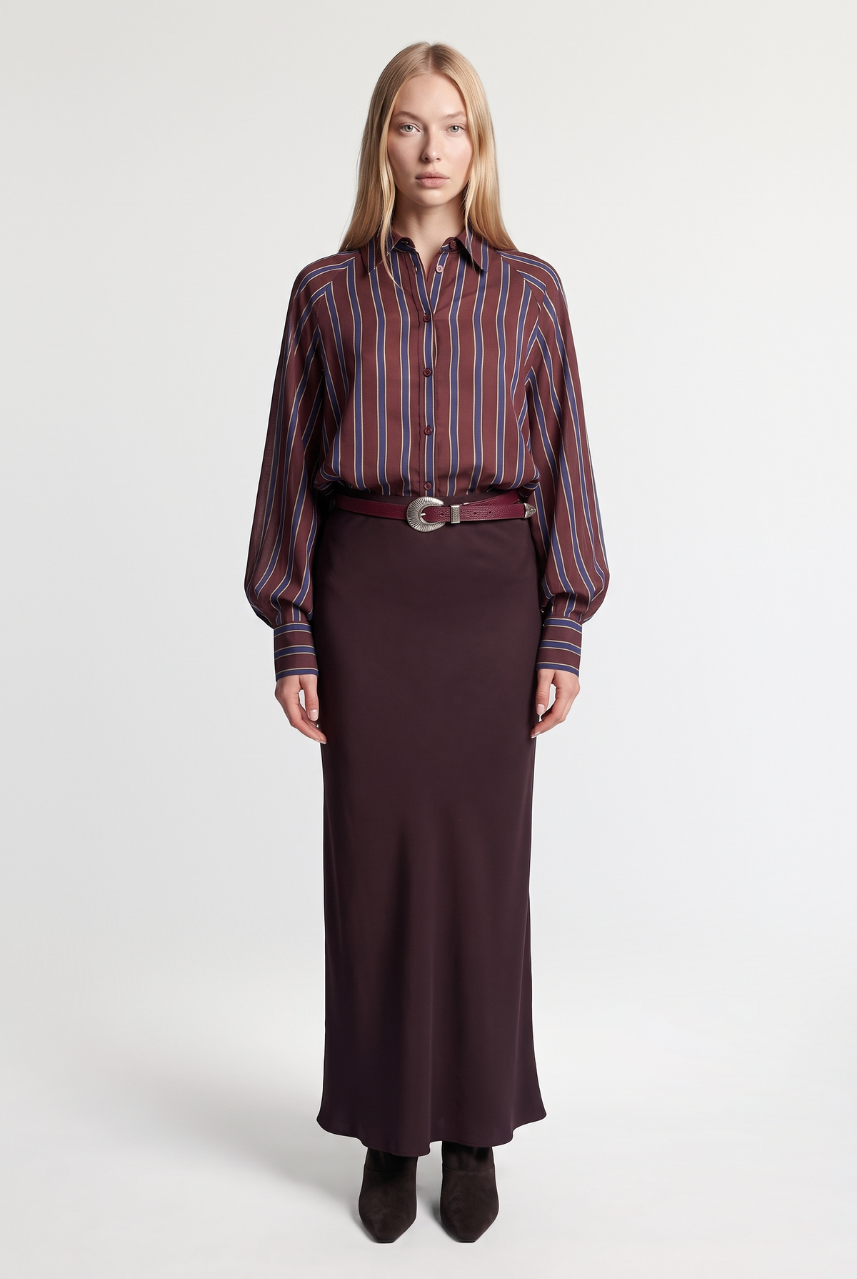 Oversized Striped Shirt - Burgundy - front view