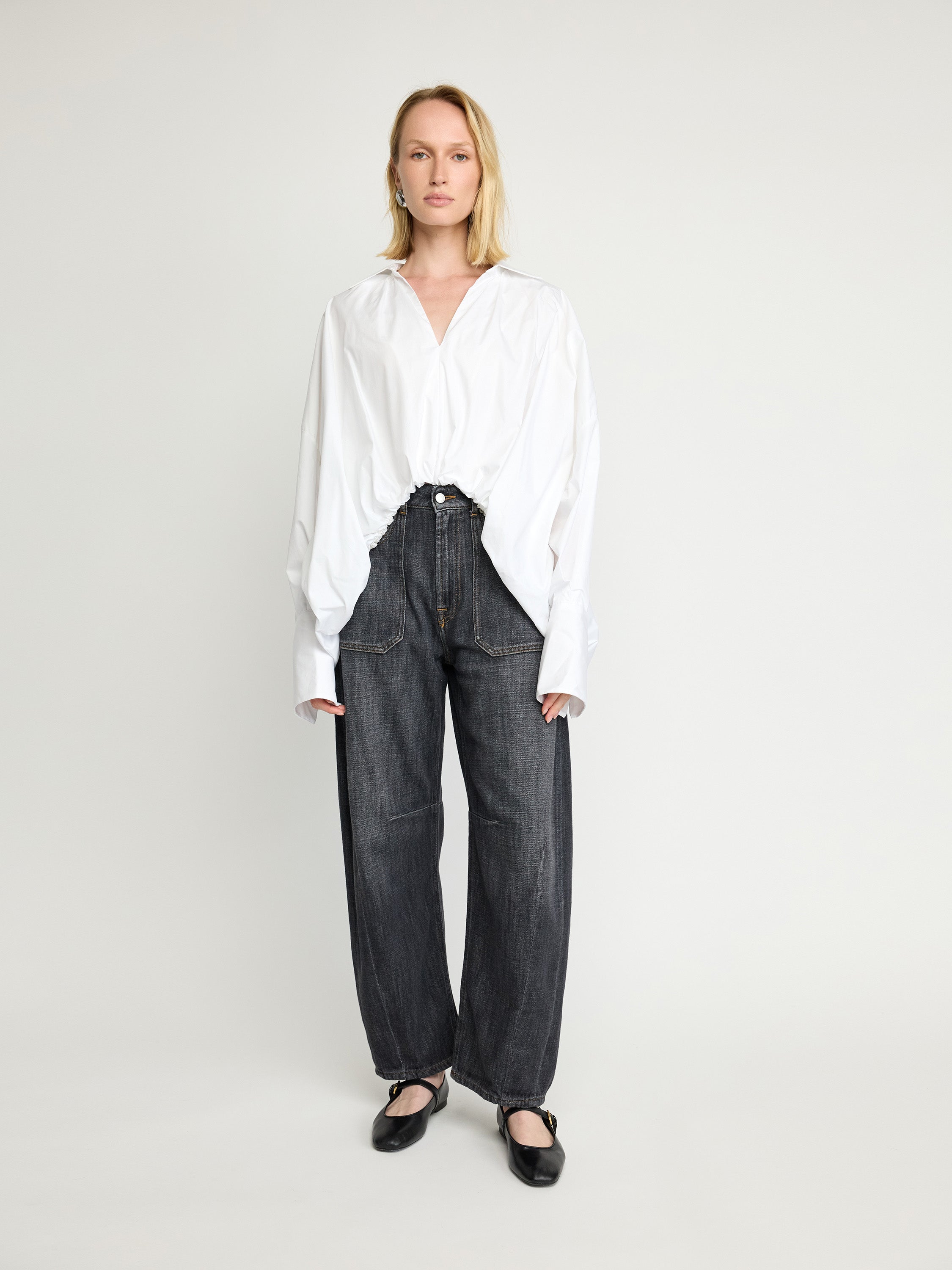 Oversized Cotton Blouse with Gathered Hem