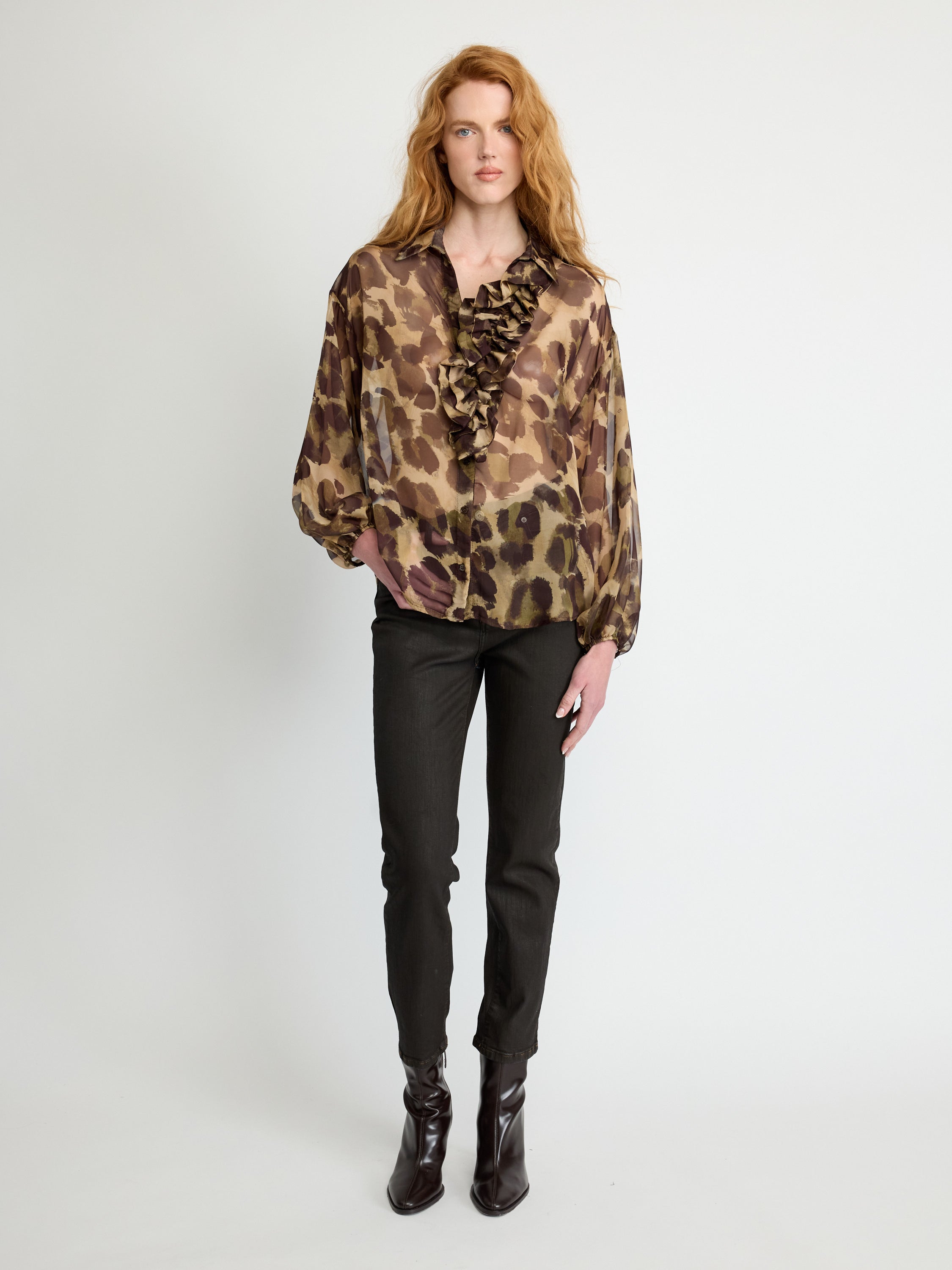 Sheer Ruffle Print Blouse